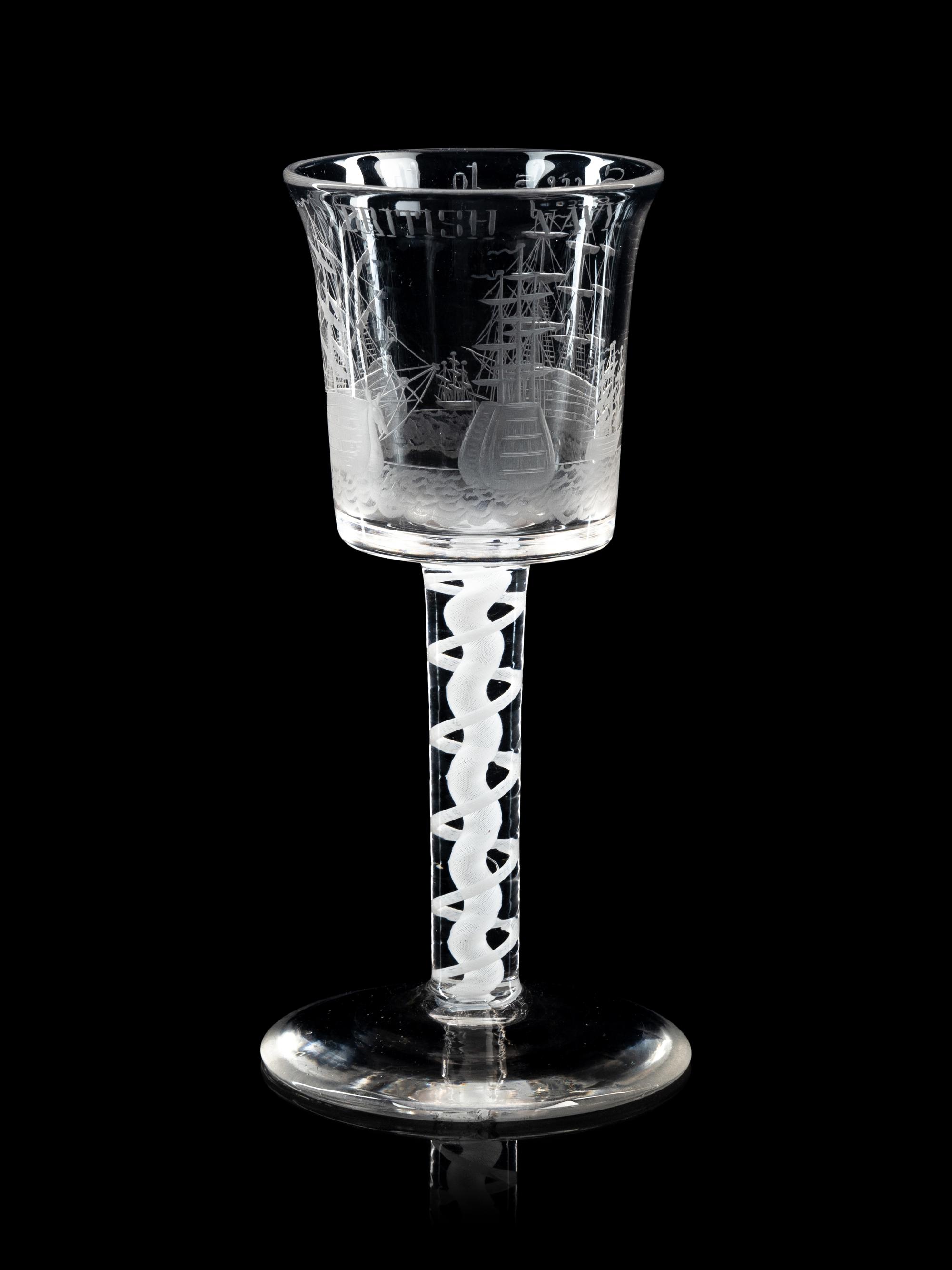 An Opaque Twist Engraved Wine Glass of British Naval Interest