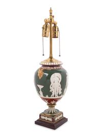 A Wedgwood Victoria Ware Vase Mounted as a Lamp with a Fringed Silk Shade