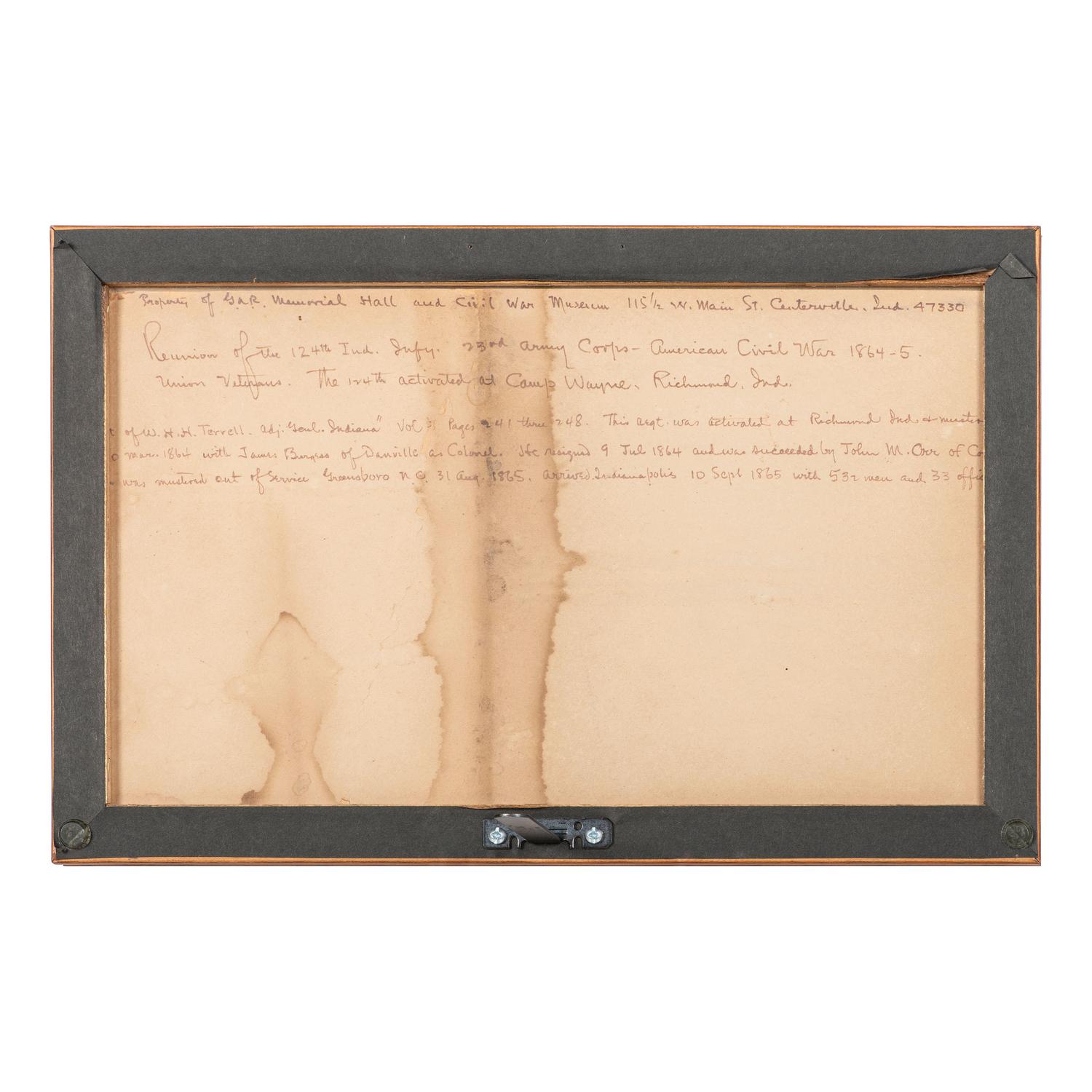 [Civil War] 124th Indiana Volunteer Infantry reunion banner, tassels, and GAR reunion photograph