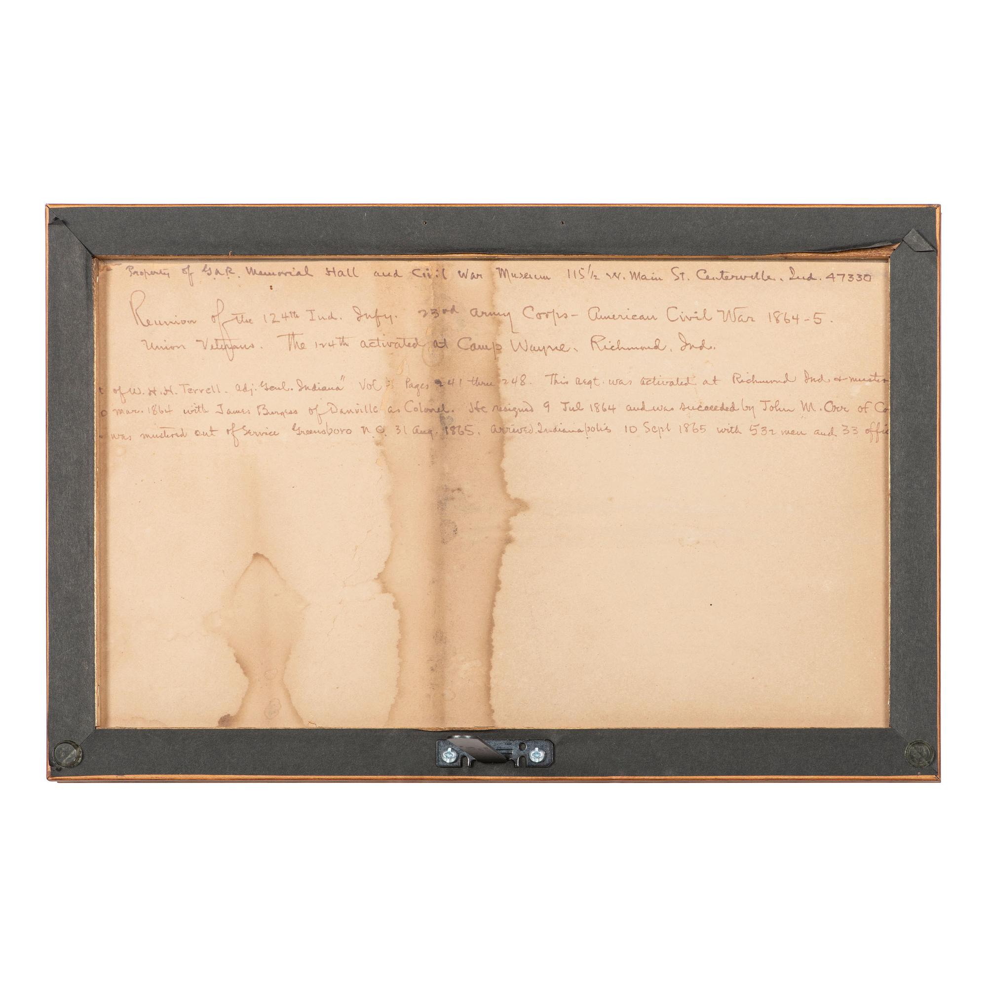 [Civil War] 124th Indiana Volunteer Infantry reunion banner, tassels, and GAR reunion photograph