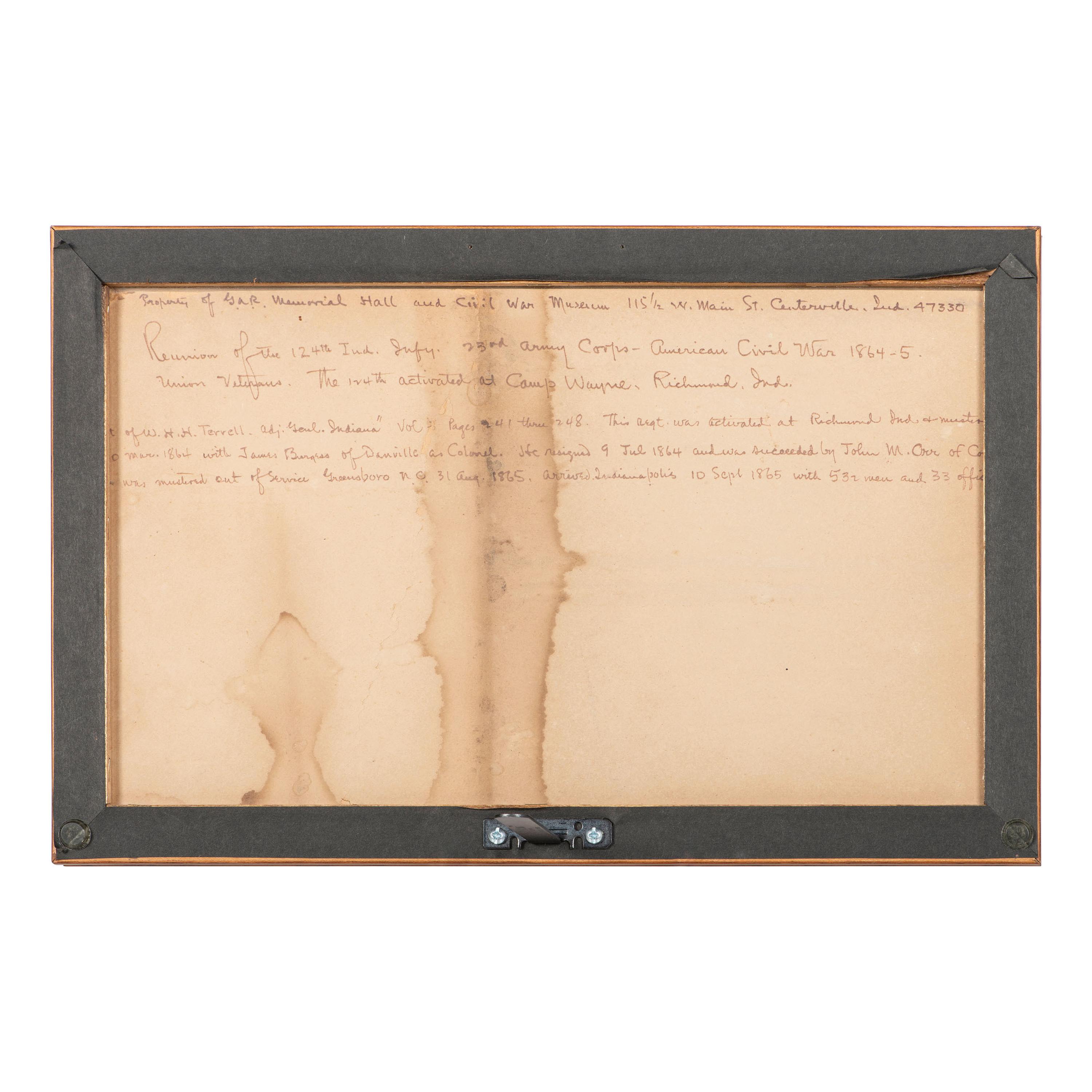 [Civil War] 124th Indiana Volunteer Infantry reunion banner, tassels, and GAR reunion photograph