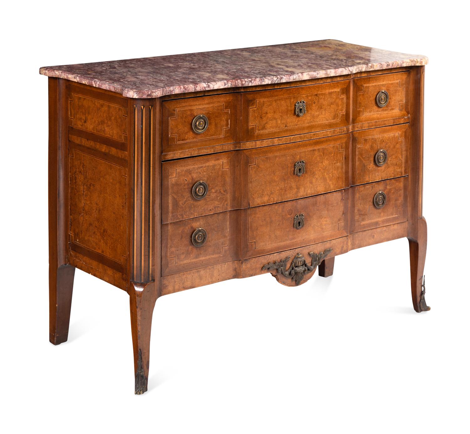 A Louis XV/XVI Transitional Style Walnut Marble-Top Commode