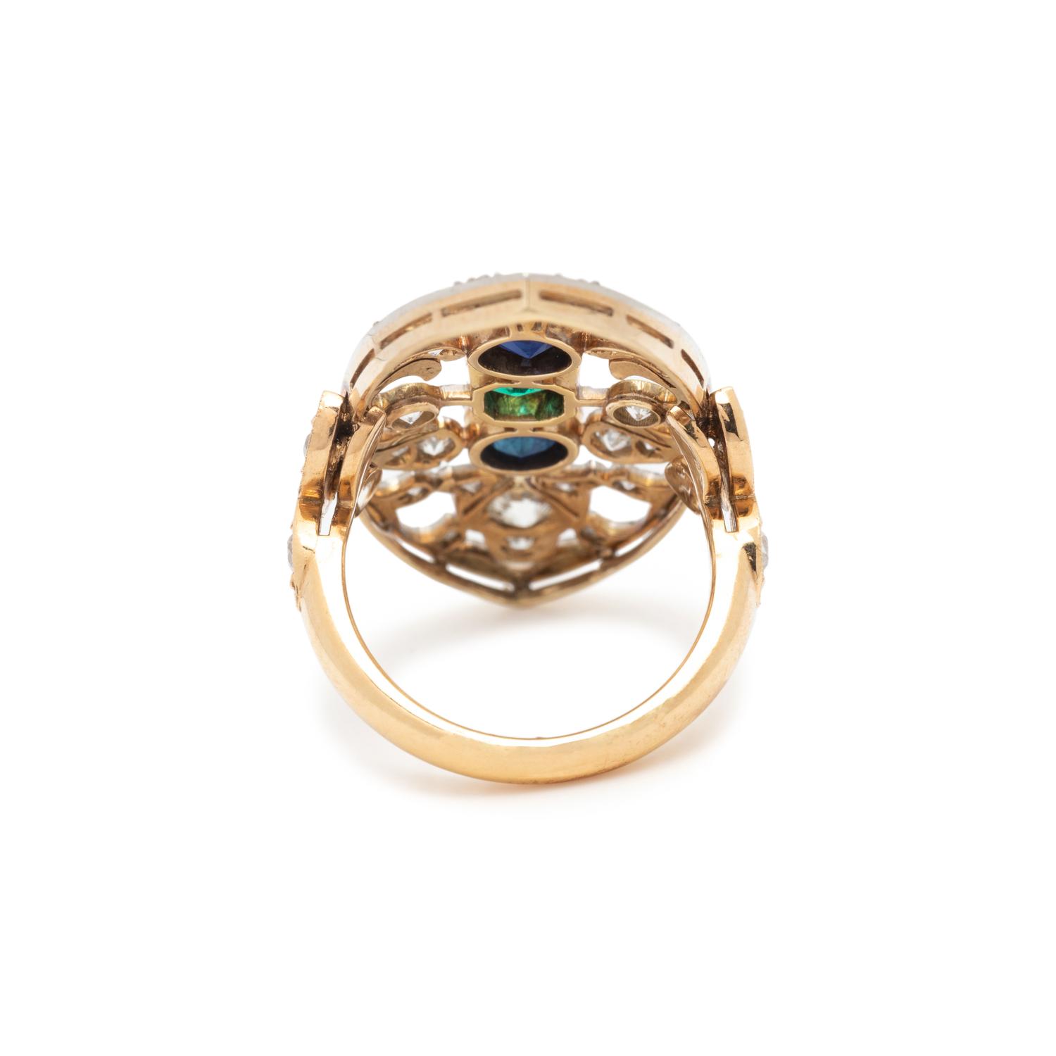 EMERALD, SAPPHIRE AND DIAMOND RING