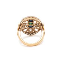 EMERALD, SAPPHIRE AND DIAMOND RING