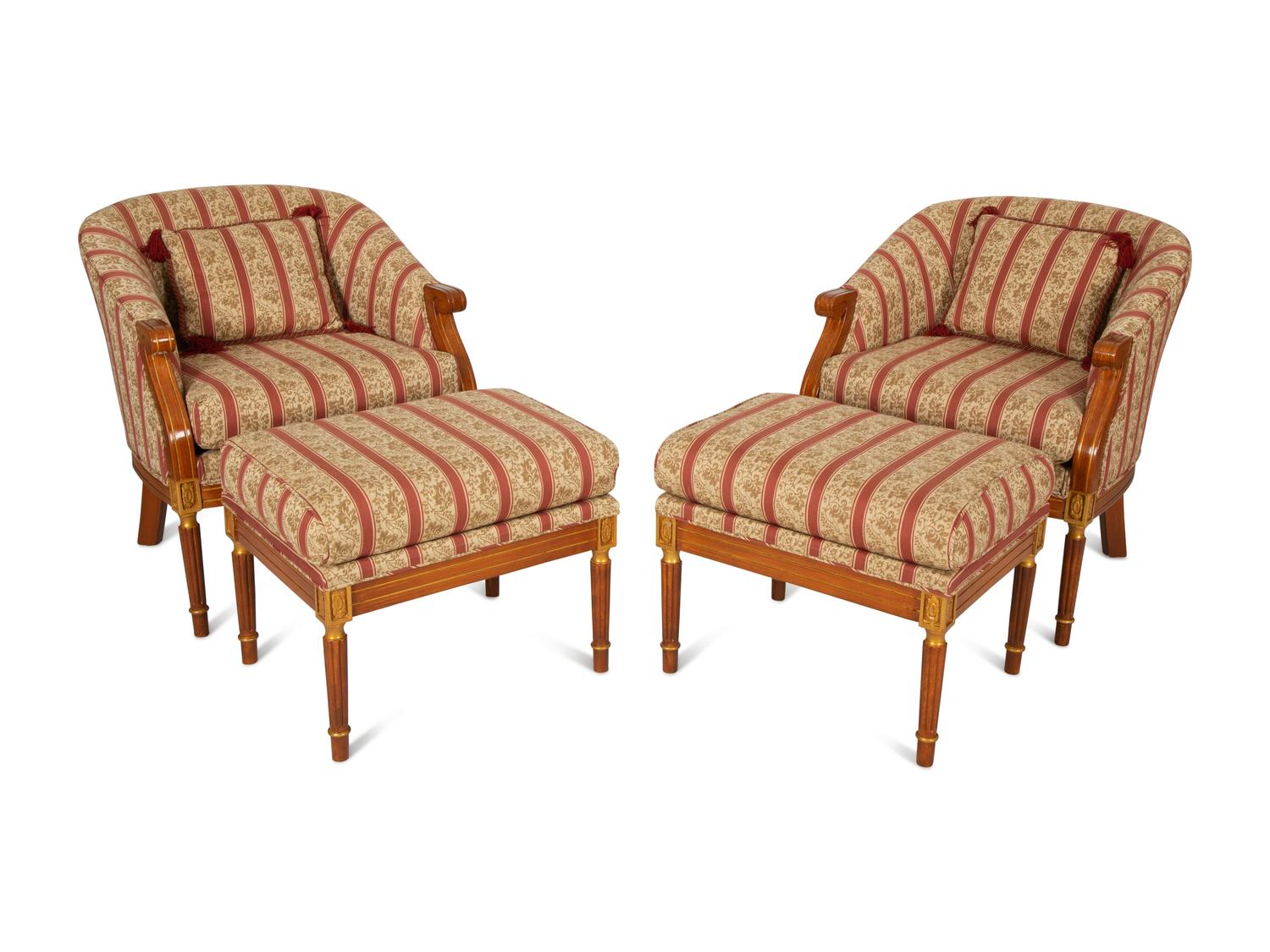 A Pair of Louis XVI Style Bergeres with Matching Ottomans