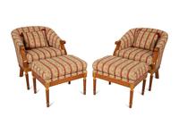 A Pair of Louis XVI Style Bergeres with Matching Ottomans