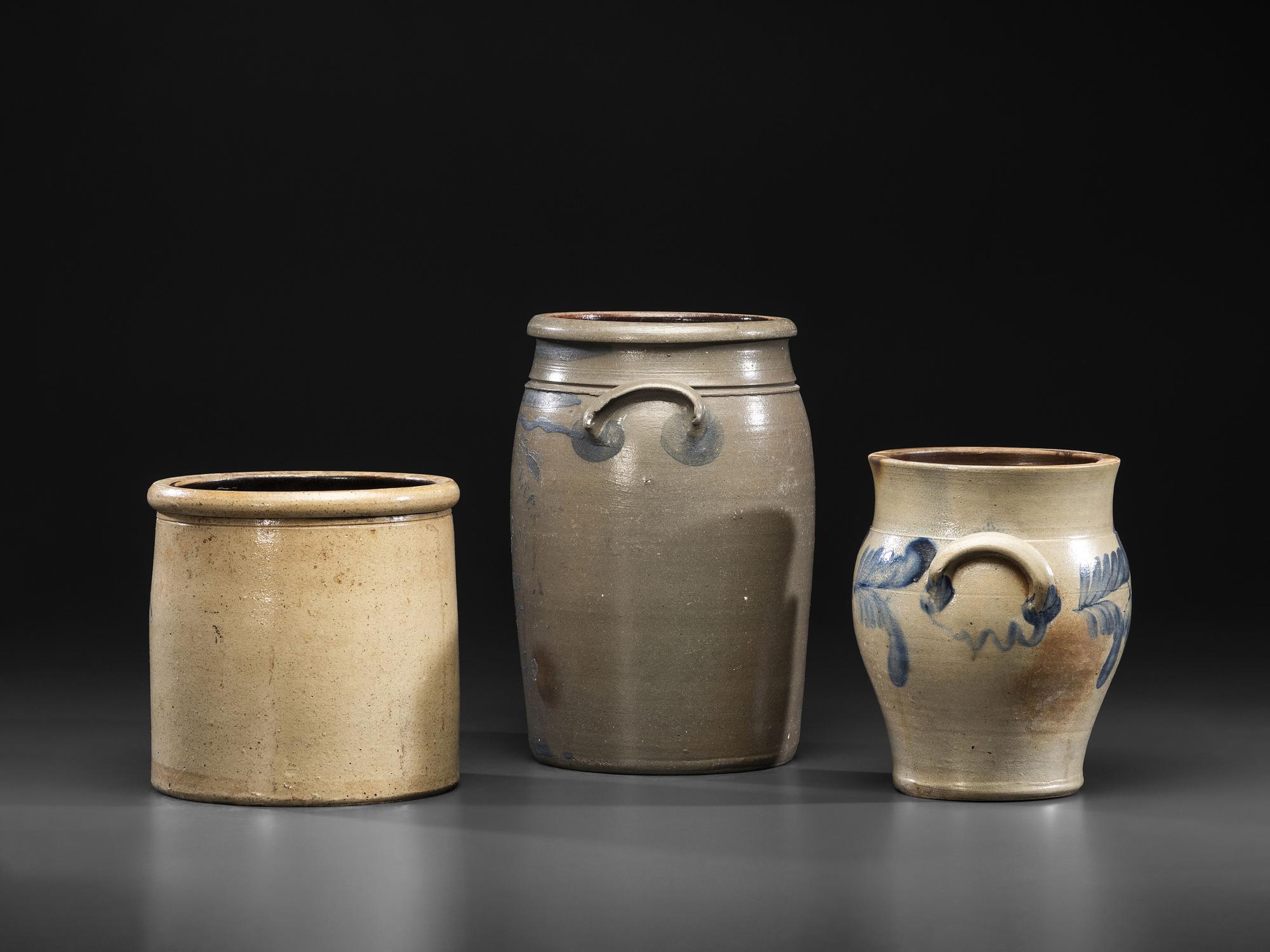 Three Cobalt Decorated Stoneware Vessels