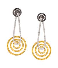 A Pair of Bicolor Gold, Diamond, Black Diamond and Yellow Sapphire Earrings,