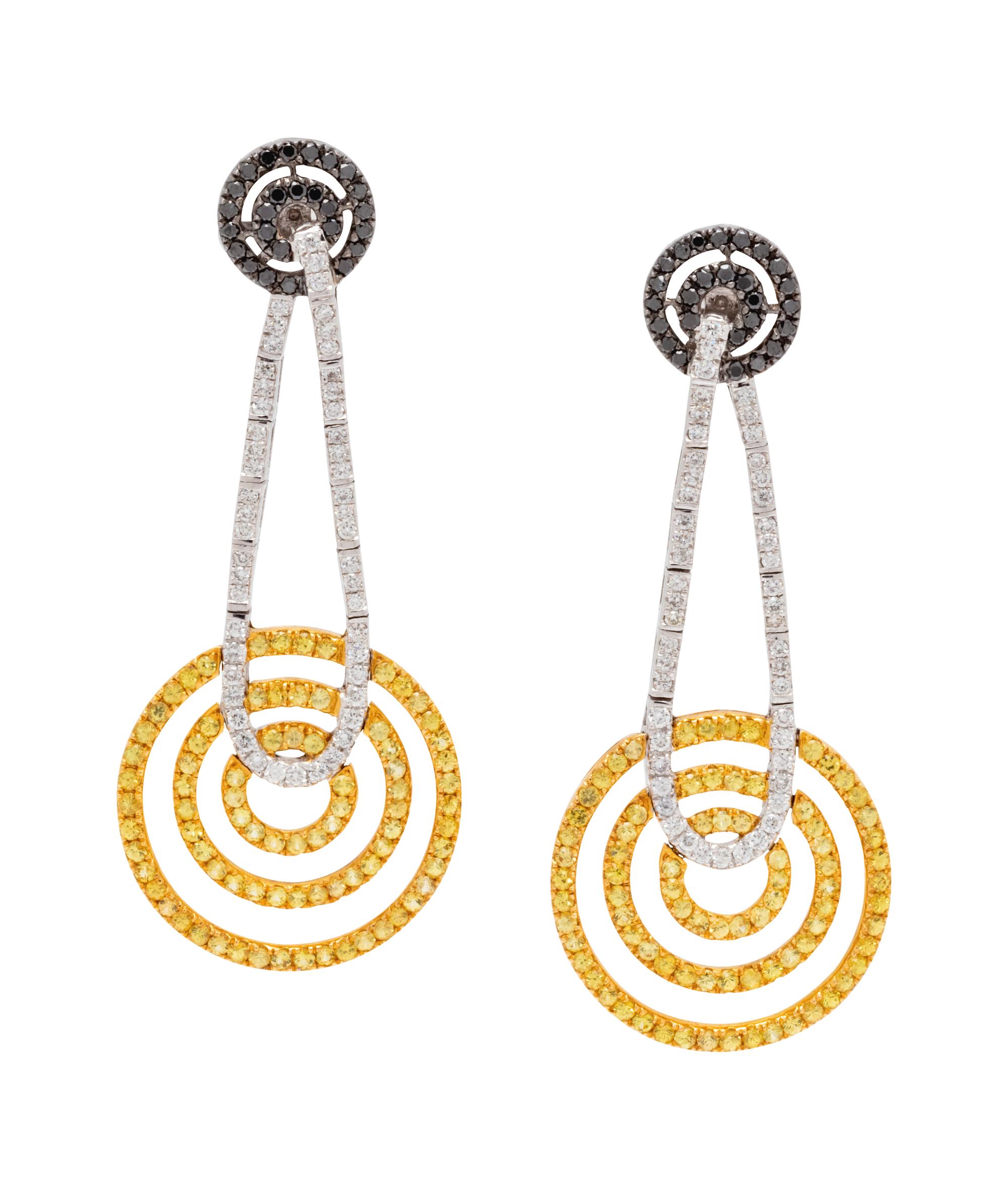 A Pair of Bicolor Gold, Diamond, Black Diamond and Yellow Sapphire Earrings,