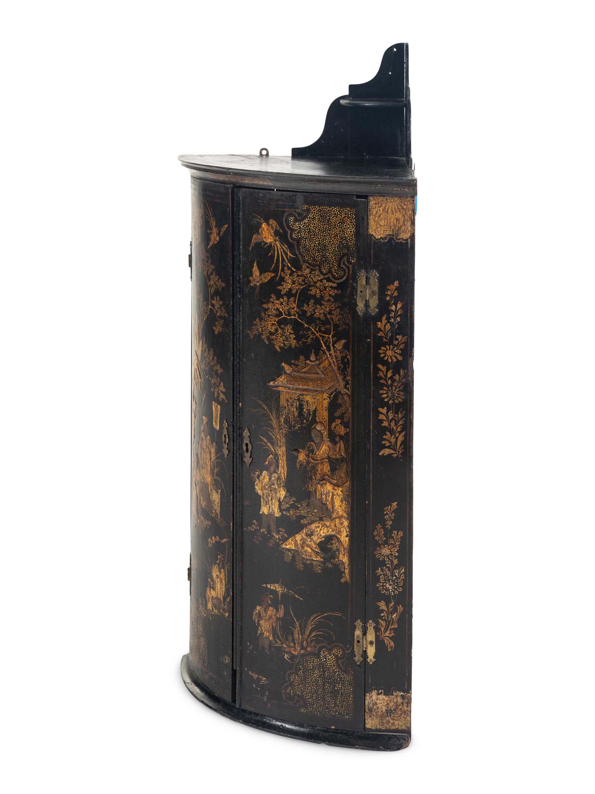 A George III Black Japanned Hanging Corner Cabinet
