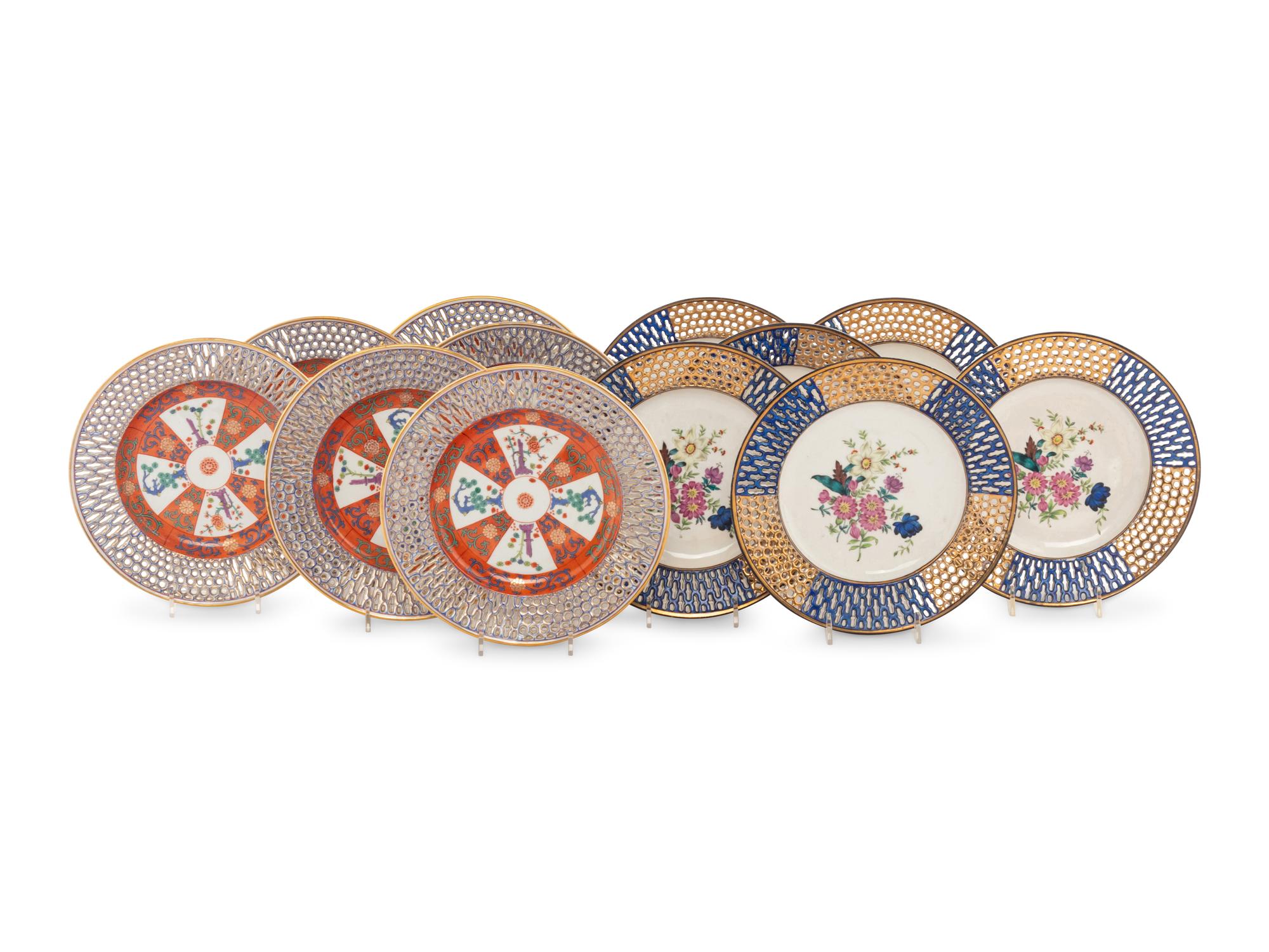 Two Sets of Six Herend Porcelain Reticulated Dessert Plates