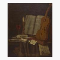 Edward Collier (Dutch, B.C. 1640–D.C. 1706) A Tabletop Still Life with Violin, Music Sheets, Tobacco, Smoking Utensils, Books, Wine and Candle (Vanitas)