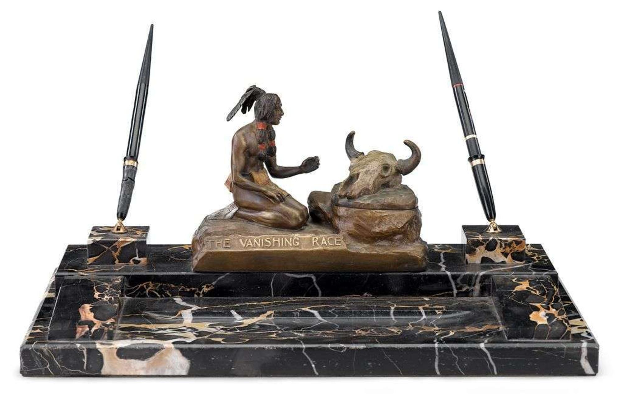 Marble and bronze "Vanishing Race" inkstand charles plein (1870-1920), omaha, ne, first quarter 20th century