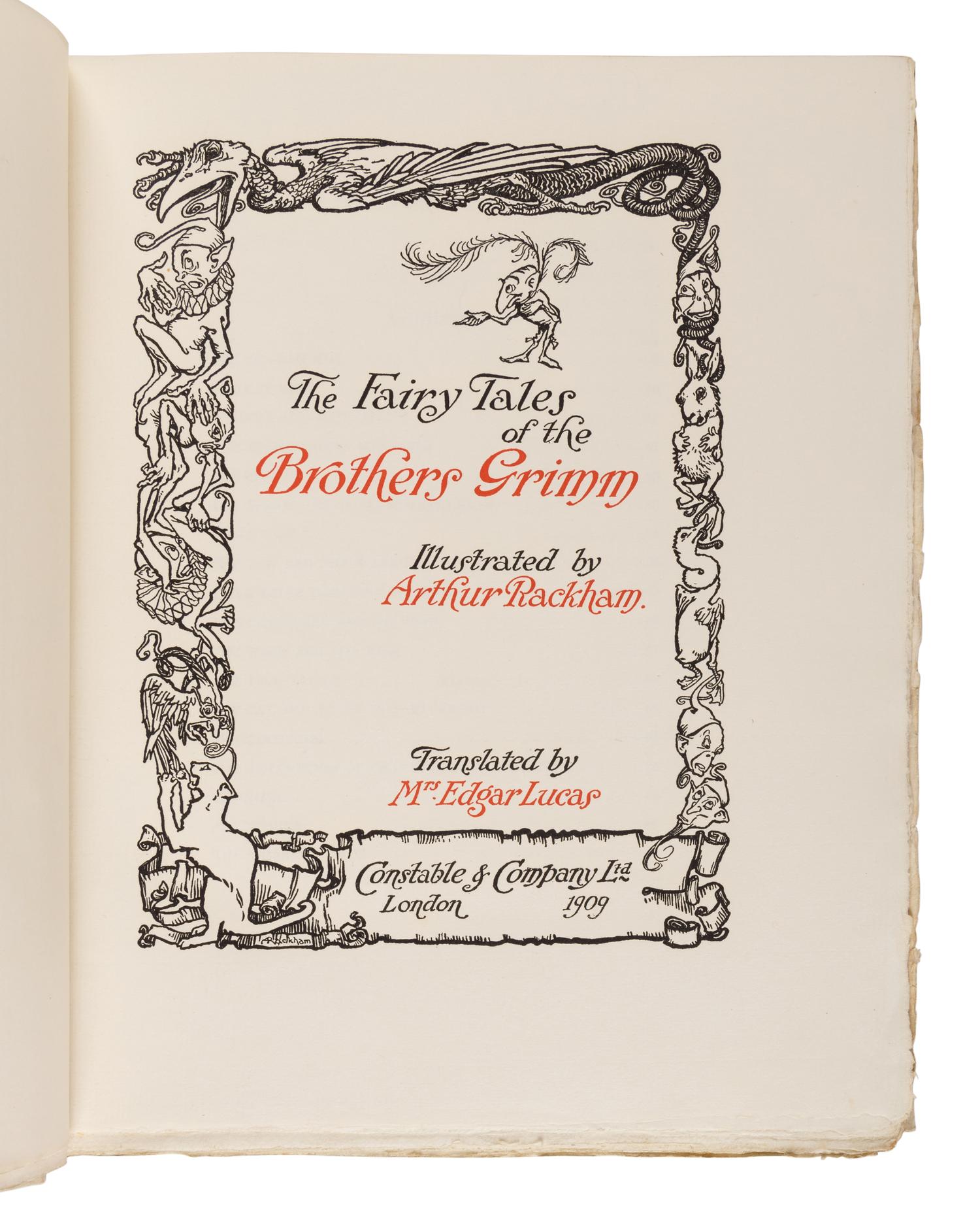 [RACKHAM, Arthur (1867-1939), illustrator]. [GRIMM BROTHERS]. The Fairy Tales of the Brothers Grimm . Mrs. Edgar Lucas, translator. London: Constable & Company Ltd., 1909.