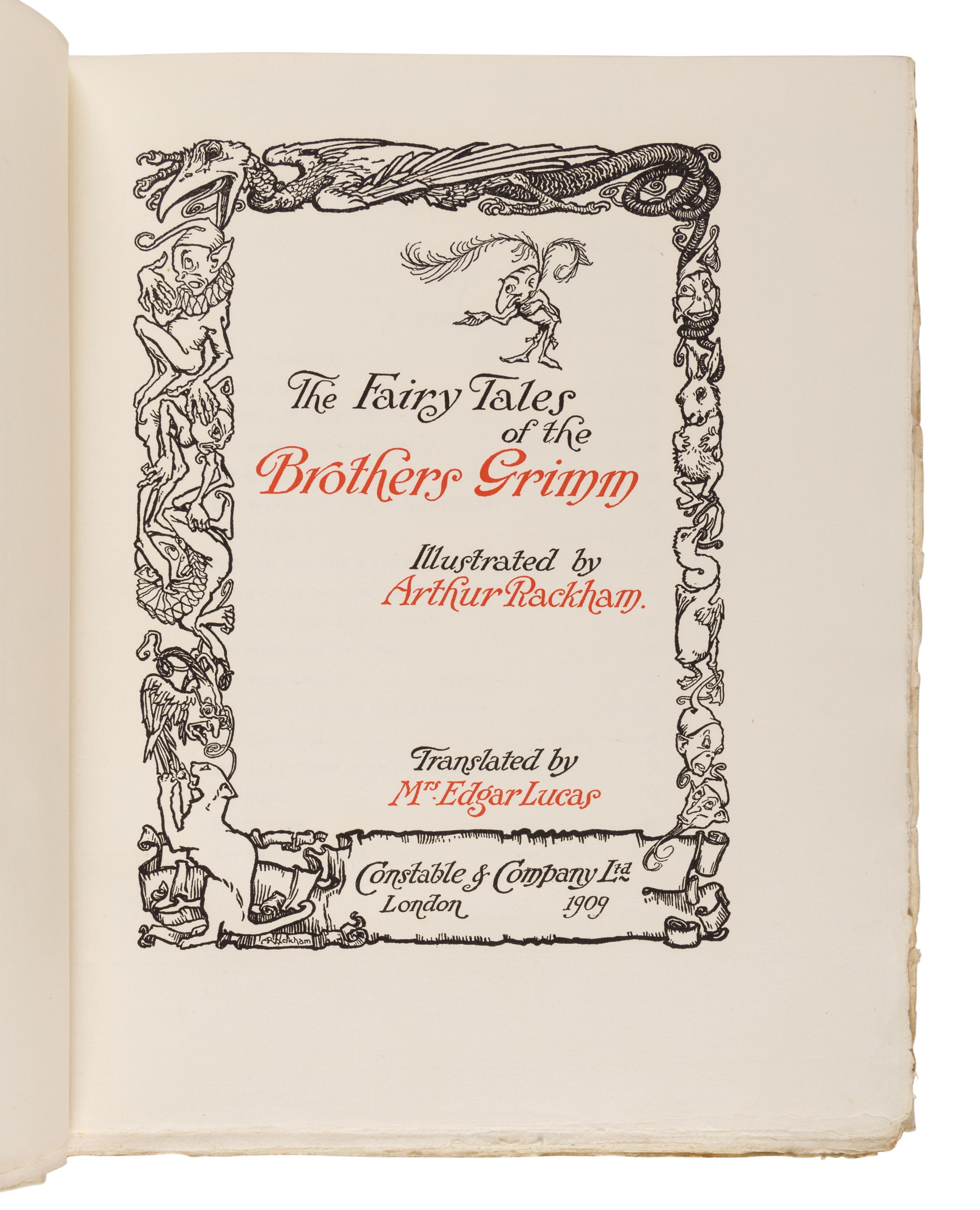 [RACKHAM, Arthur (1867-1939), illustrator]. [GRIMM BROTHERS]. The Fairy Tales of the Brothers Grimm . Mrs. Edgar Lucas, translator. London: Constable & Company Ltd., 1909.