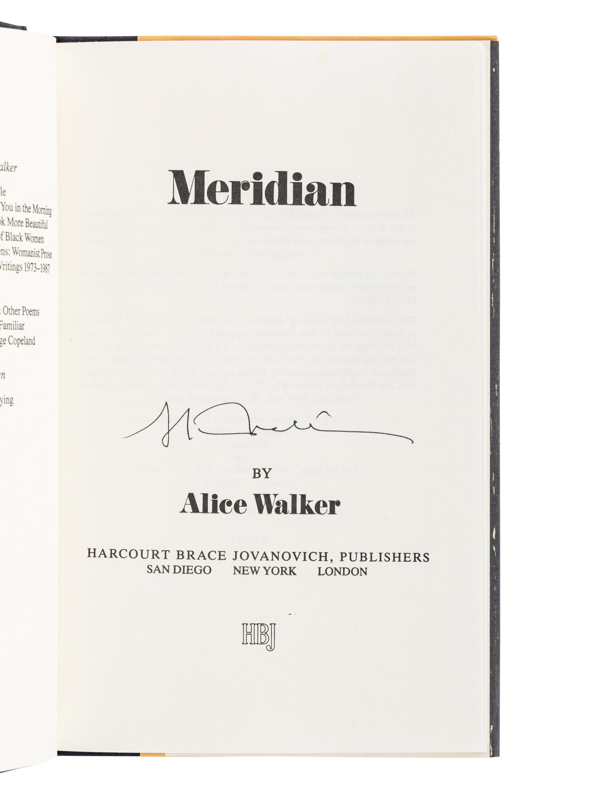 WALKER, Alice (b.1944). Meridian . San Diego et al: Harcourt Brace Jovanovich, 1976.