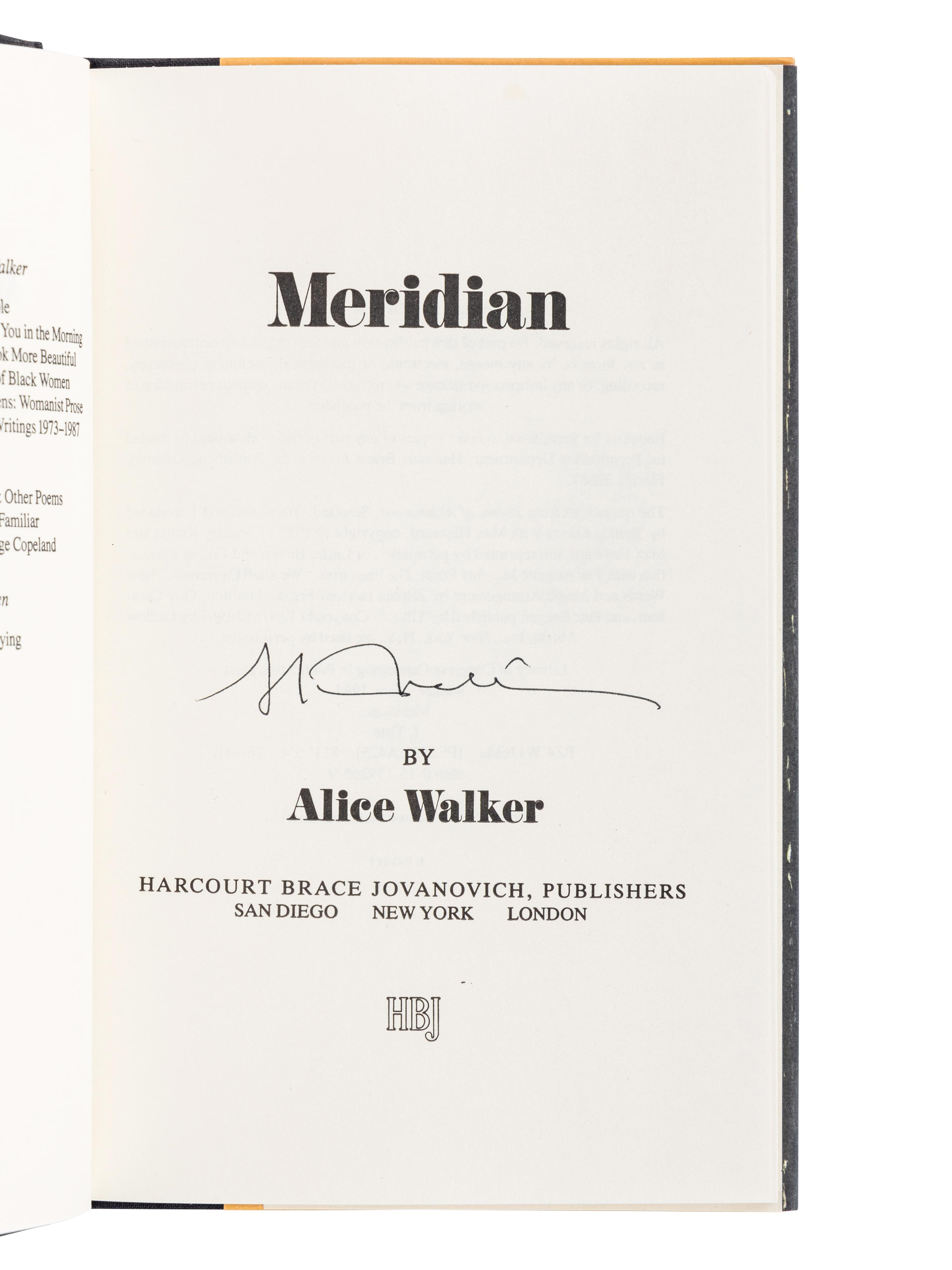 WALKER, Alice (b.1944). Meridian . San Diego et al: Harcourt Brace Jovanovich, 1976.