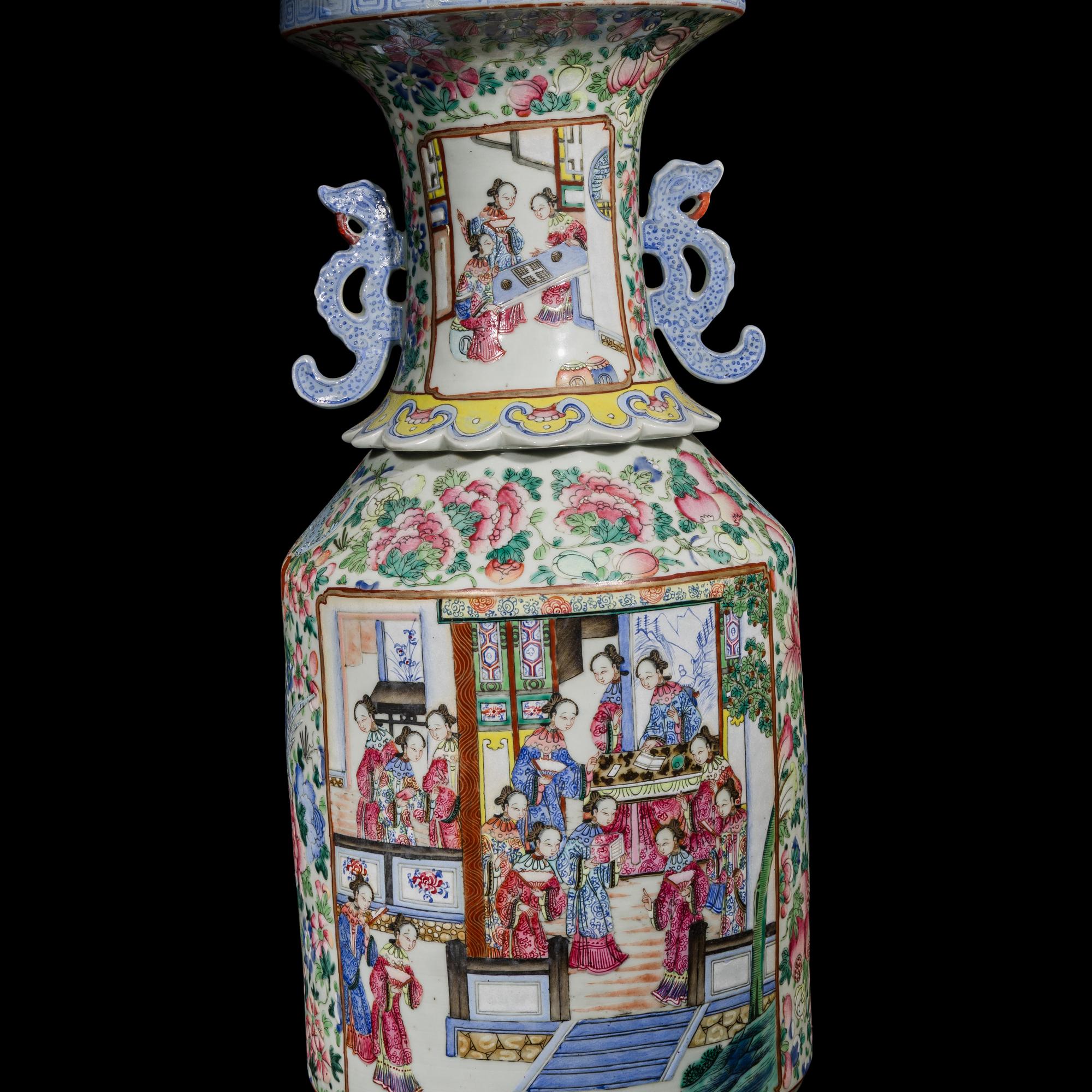 A Large Chinese Famille Rose Porcelain Vase, Late 19th Century — 清晚期 粉彩開光人物故事圖雙耳大賞瓶