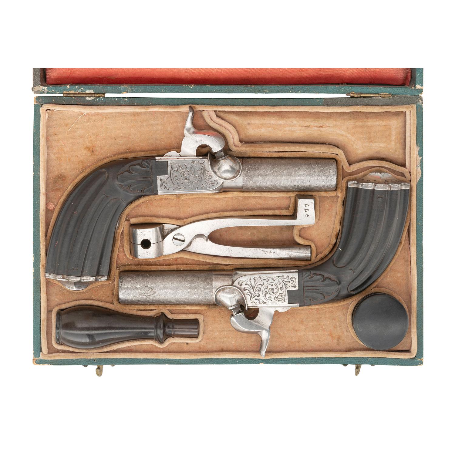 Cased Pair of Belgian Percussion Turn-Off Pocket Pistols