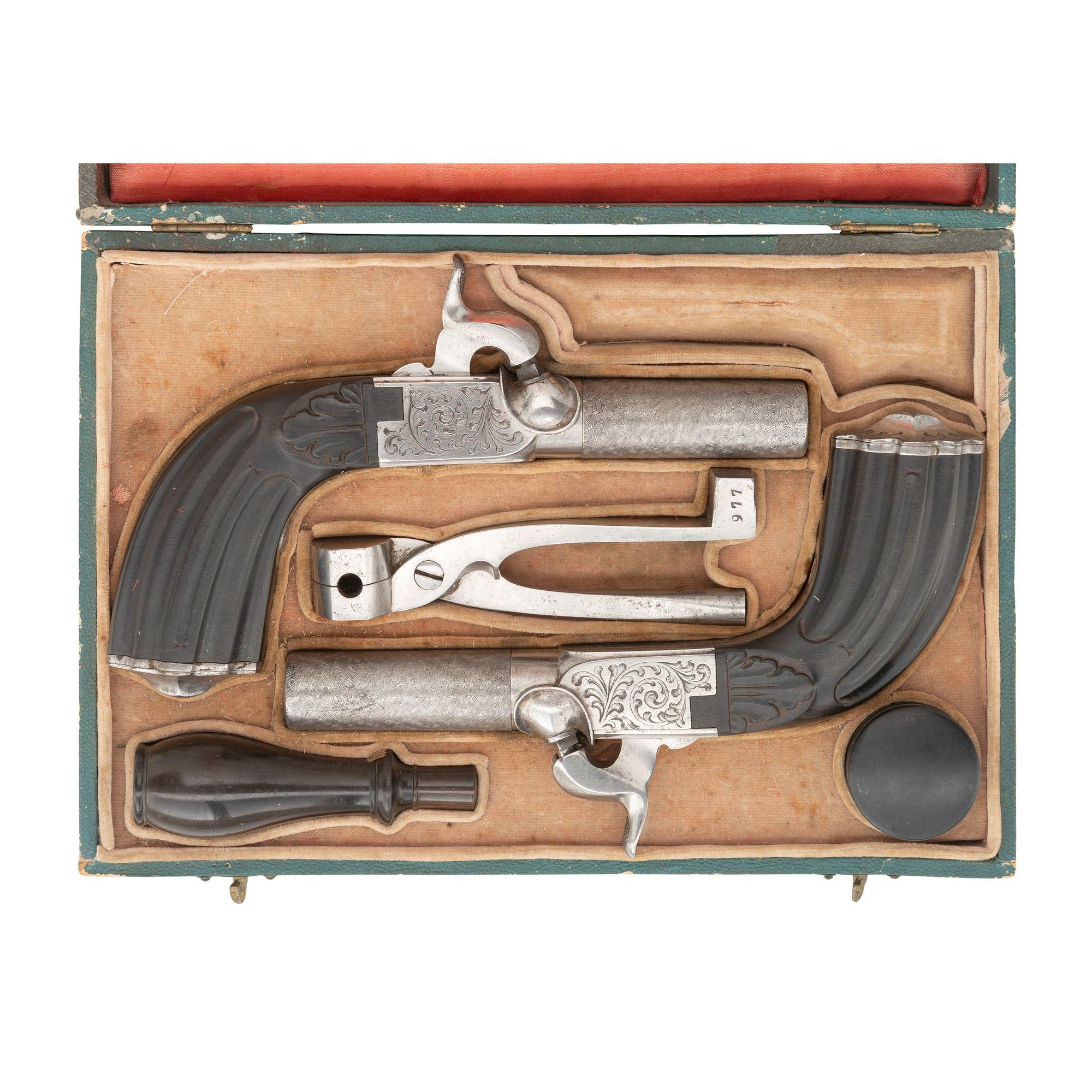 Cased Pair of Belgian Percussion Turn-Off Pocket Pistols