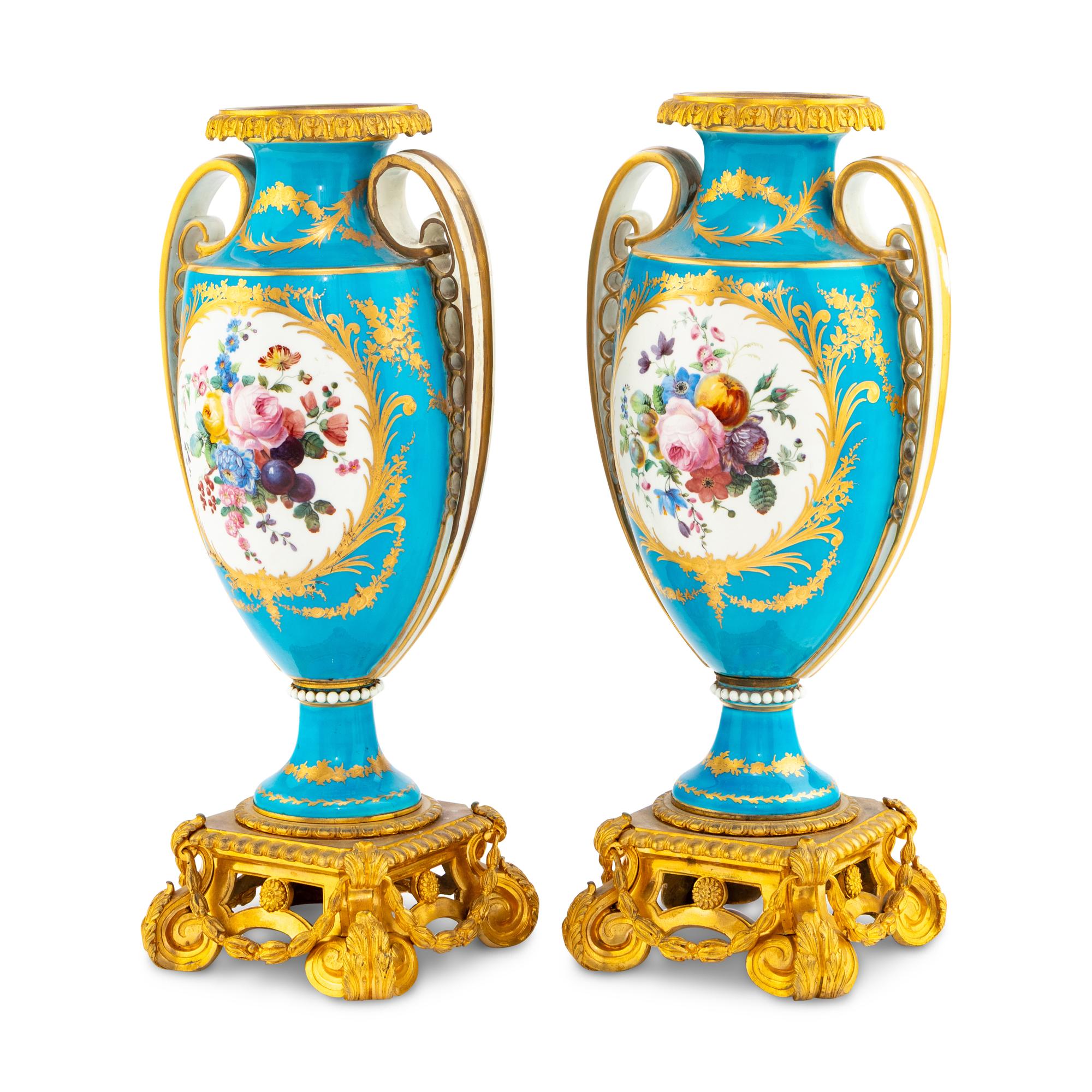 A Pair of Sèvres Style Porcelain and Gilt Bronze Mounted Vases