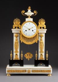 A French Neoclassical Gilt Bronze and Marble Mantel Clock Height 20 3/8 x width 13 3/8 inches. — 19TH CENTURY