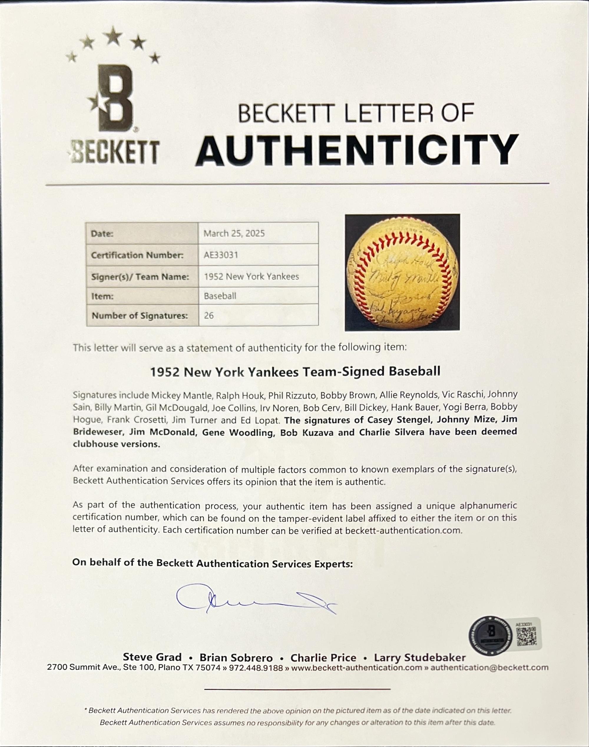 A 1952 New York Yankees Team Signed Autograph Baseball Including Mickey Mantle (Beckett Authentication Services)