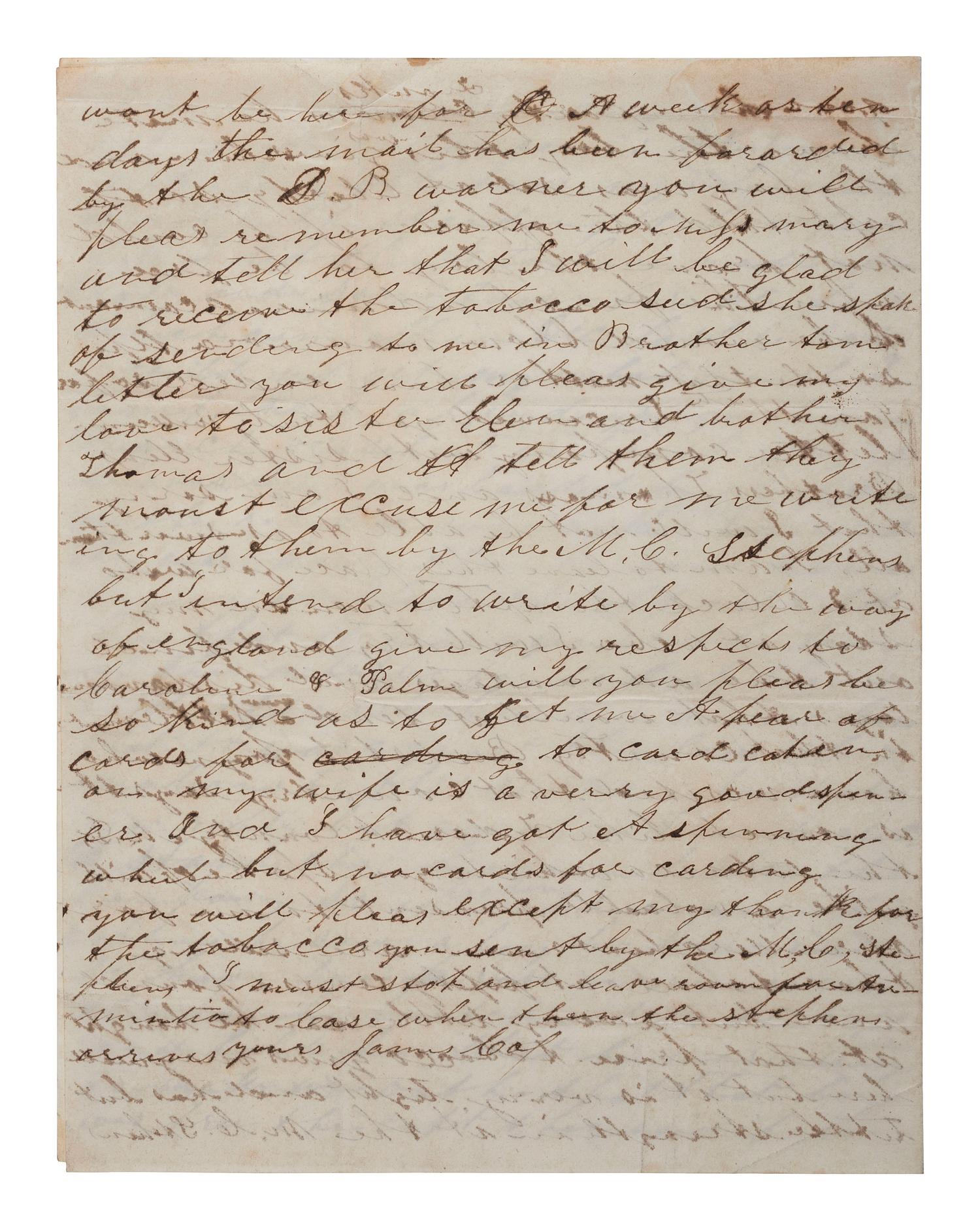 [LIBERIA]. COX, James. Autograph letter signed ("James Cox"). Harper, Camp Palmas, Liberia, 10-11 January 1859. Settler's letter with content regarding slavery and cannibalism.