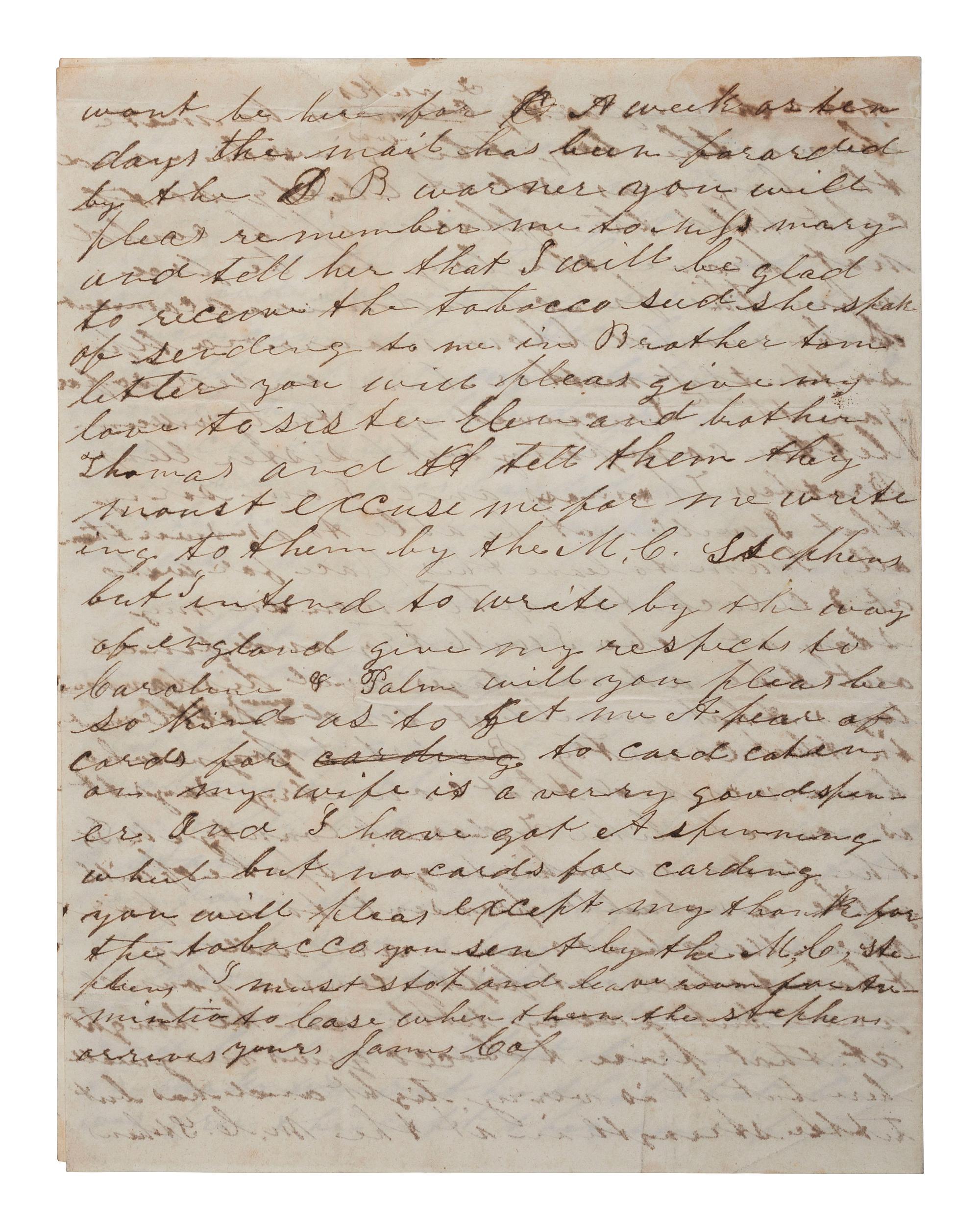 [LIBERIA]. COX, James. Autograph letter signed ("James Cox"). Harper, Camp Palmas, Liberia, 10-11 January 1859. Settler's letter with content regarding slavery and cannibalism.
