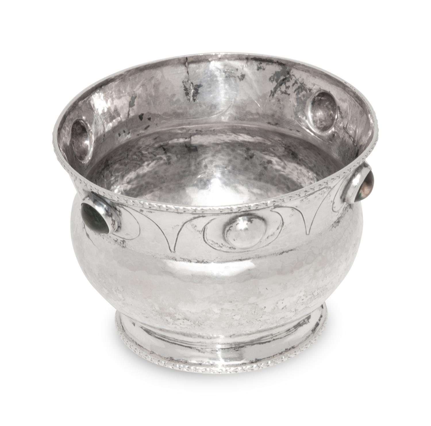 An English Arts and Crafts Silver and Hardstone Mounted Bowl