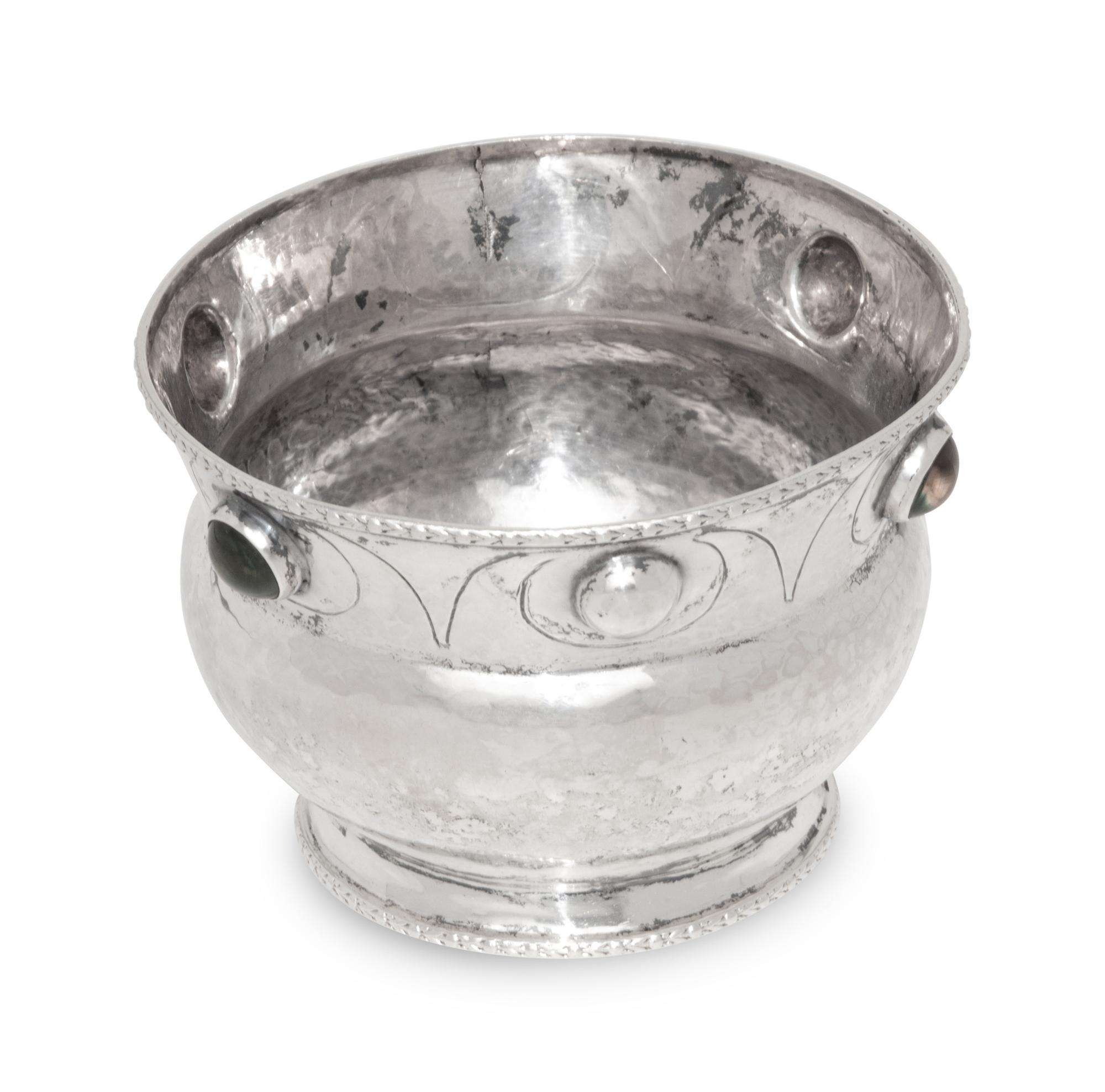 An English Arts and Crafts Silver and Hardstone Mounted Bowl