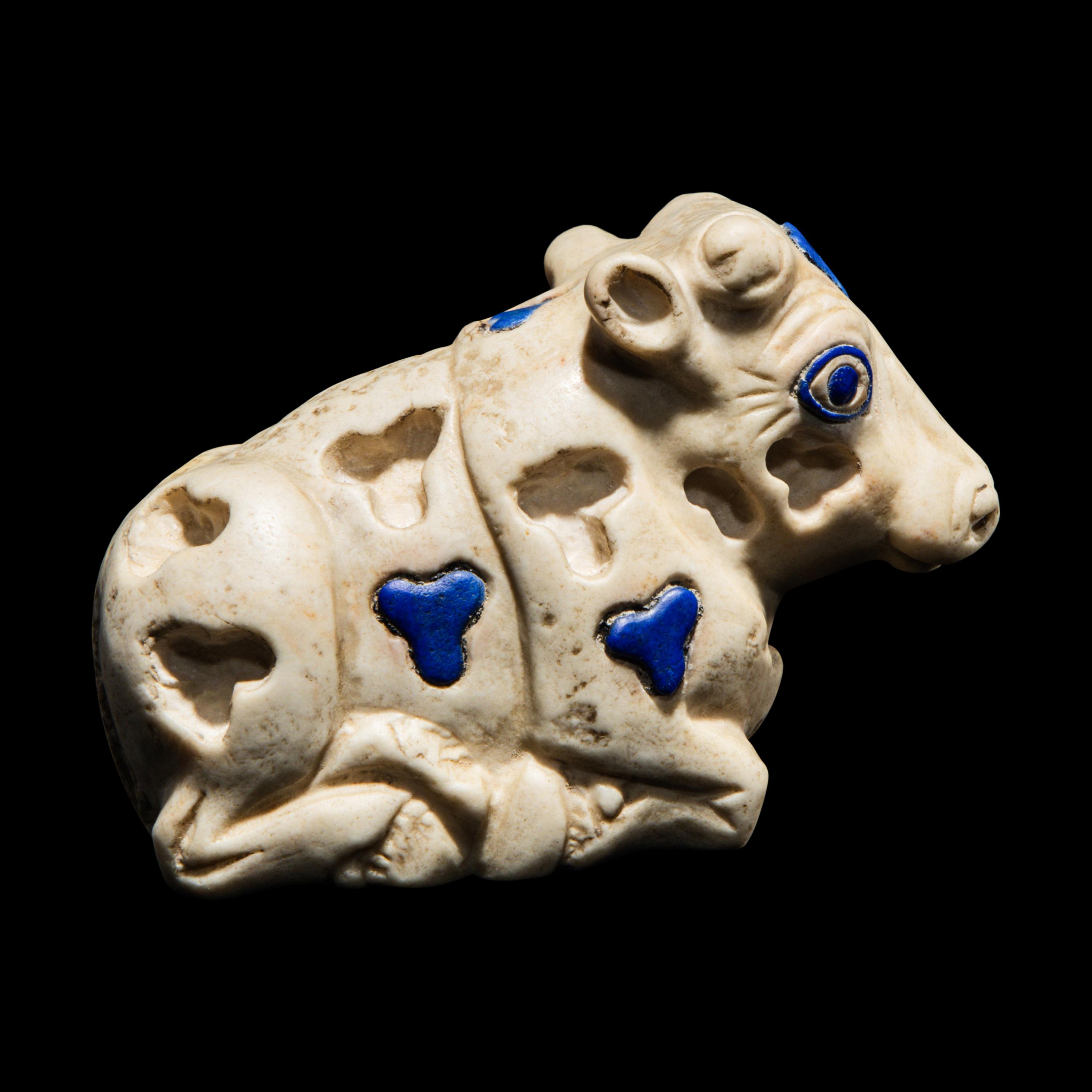 A Mesopotamian Marble and Lapis Lazuli Inlay Recumbent Calf