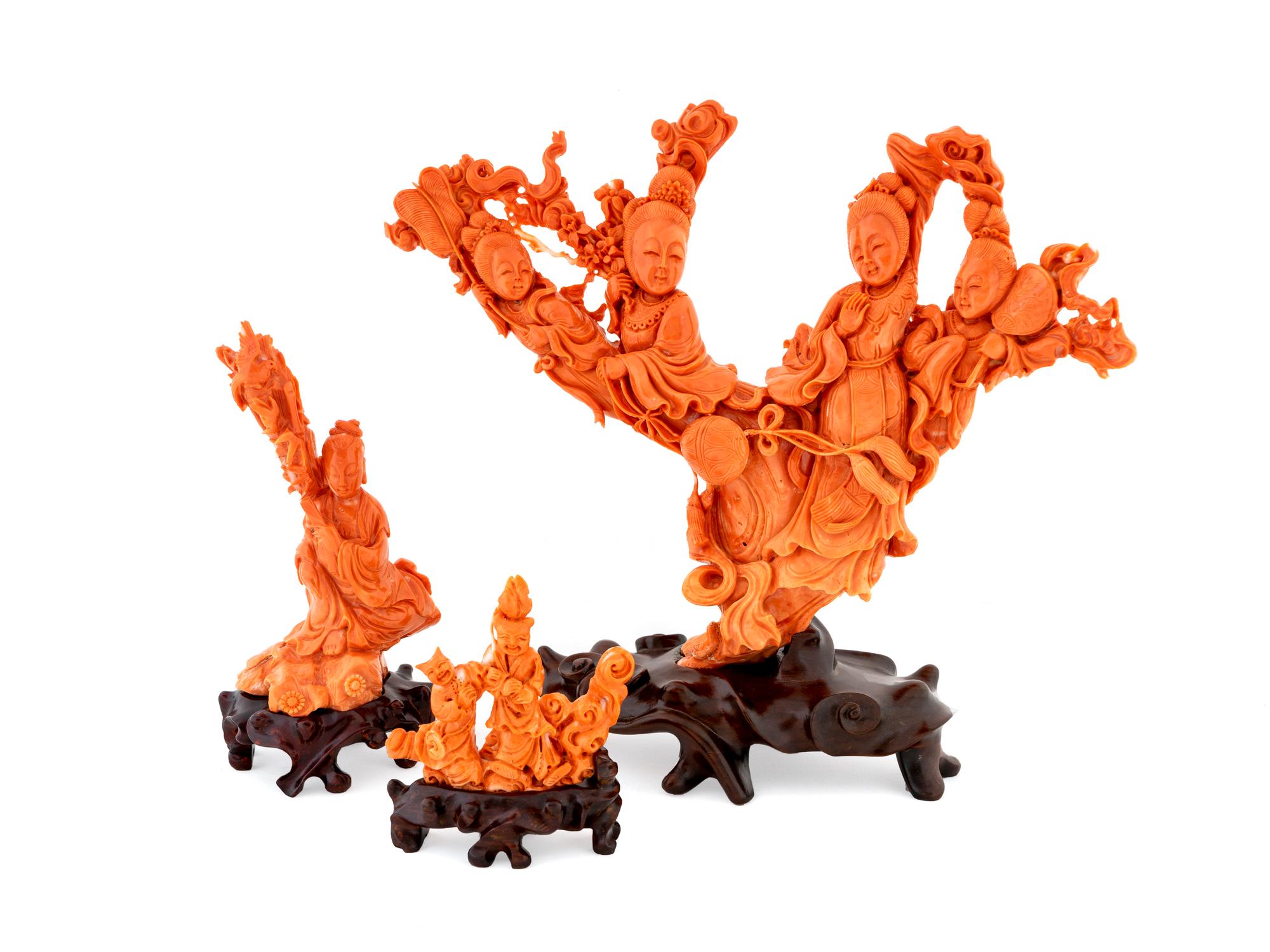 Three Chinese Carved Coral Figural Groups