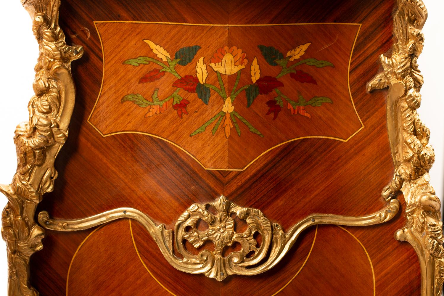 A Pair of Louis XV Style Gilt Metal Mounted Marquetry Marble-Top Pedestals