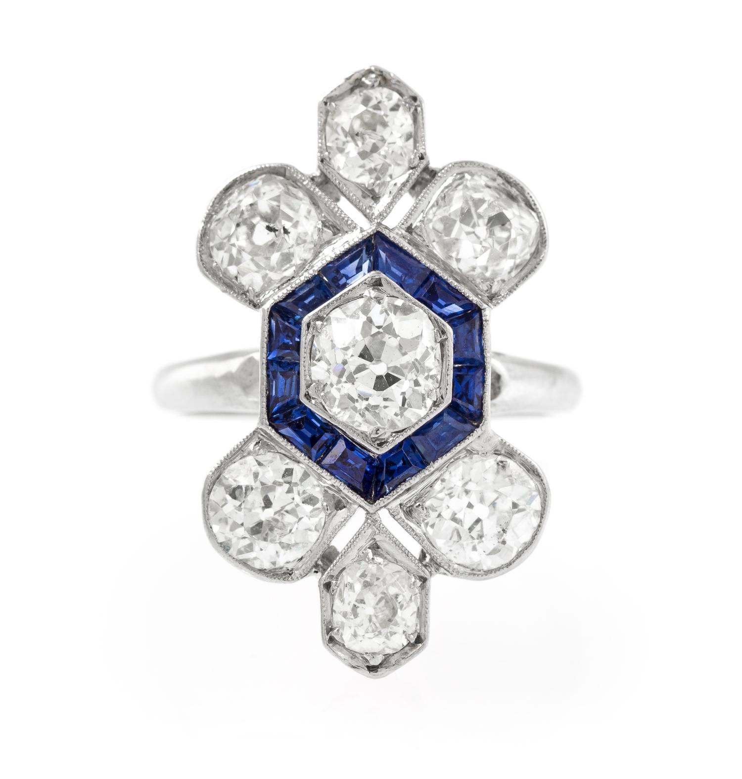 An Art Deco Platinum, Diamond and Sapphire Ring, 4.10 dwts.