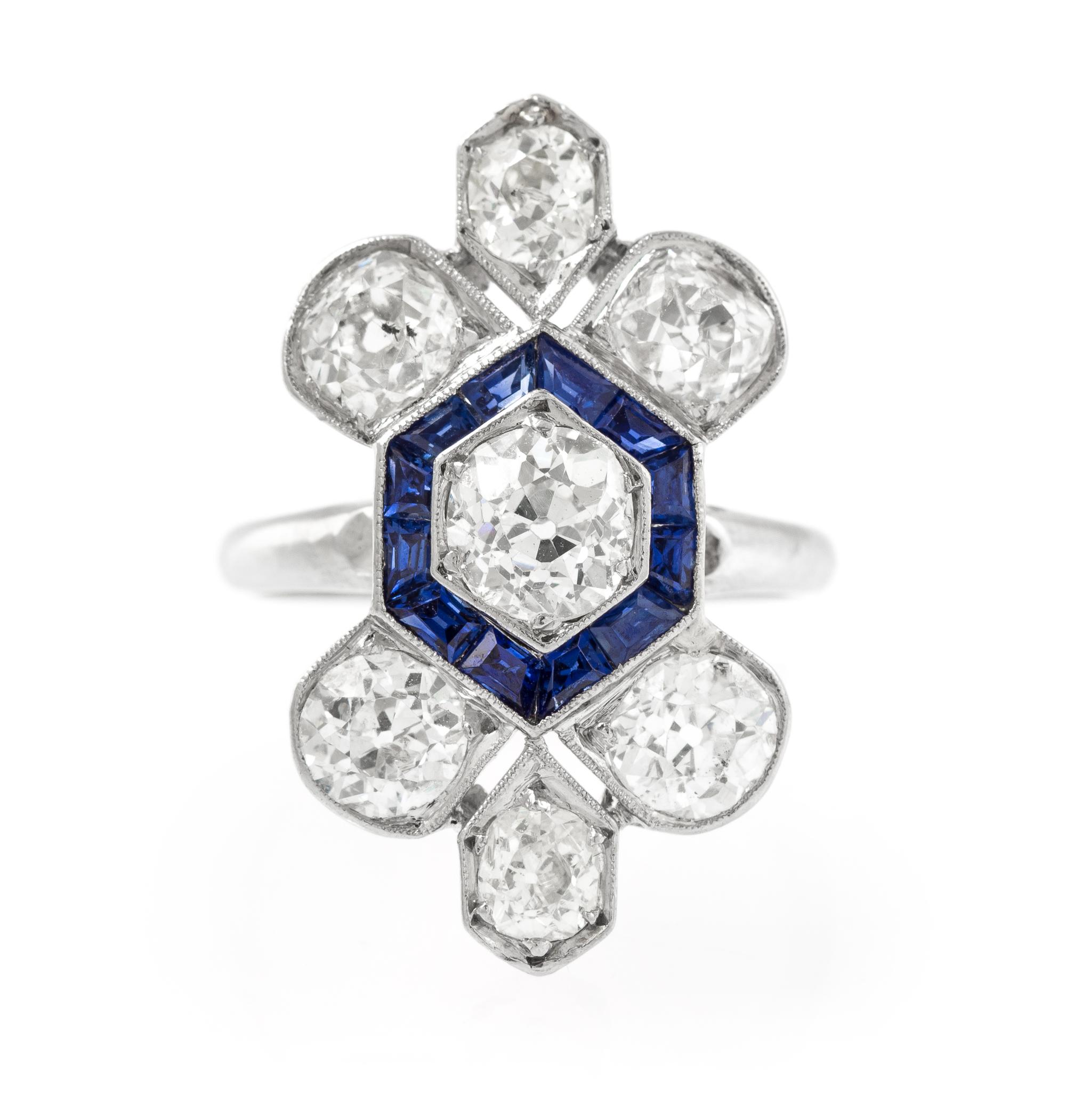An Art Deco Platinum, Diamond and Sapphire Ring, 4.10 dwts.