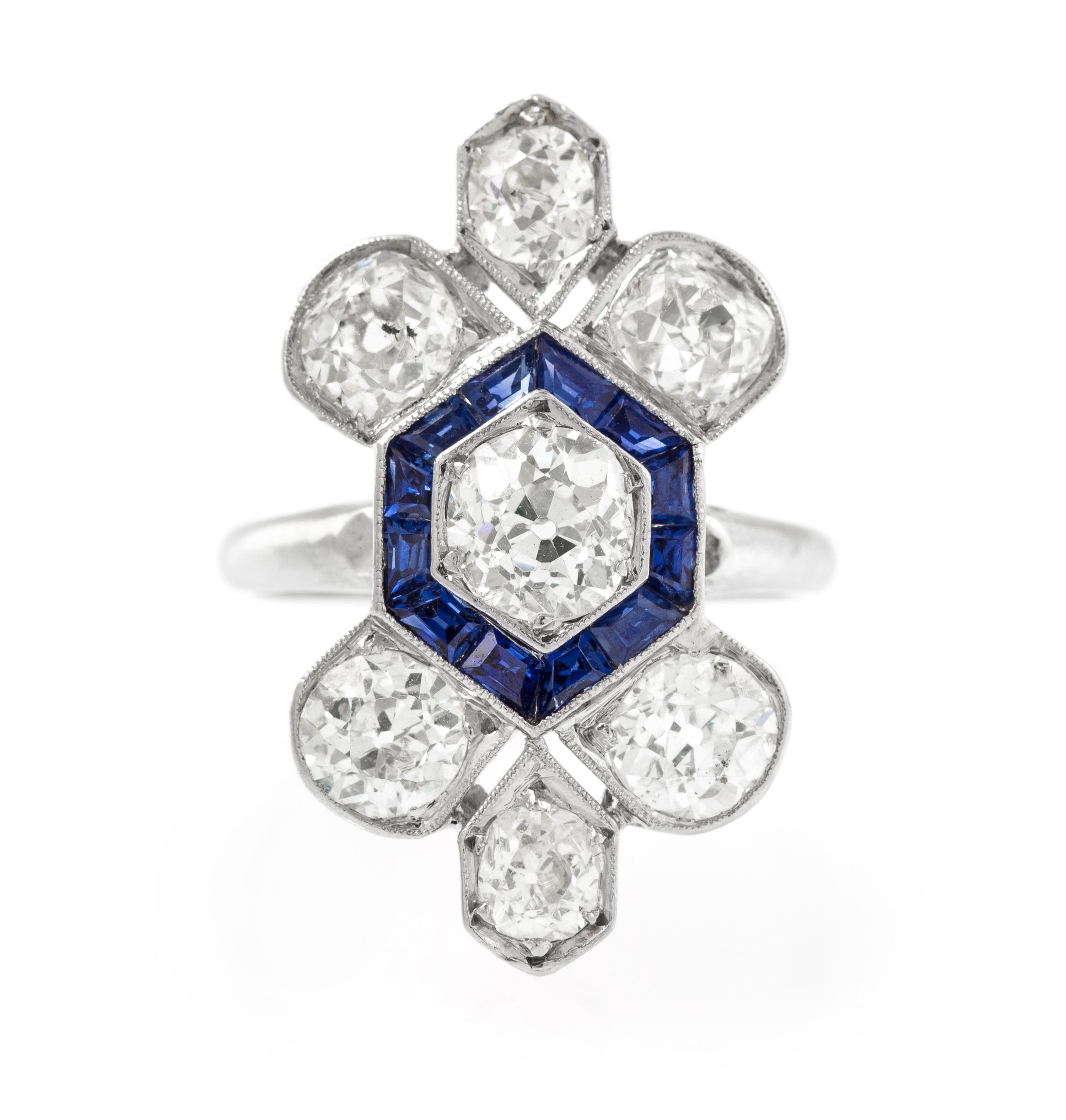 An Art Deco Platinum, Diamond and Sapphire Ring, 4.10 dwts.