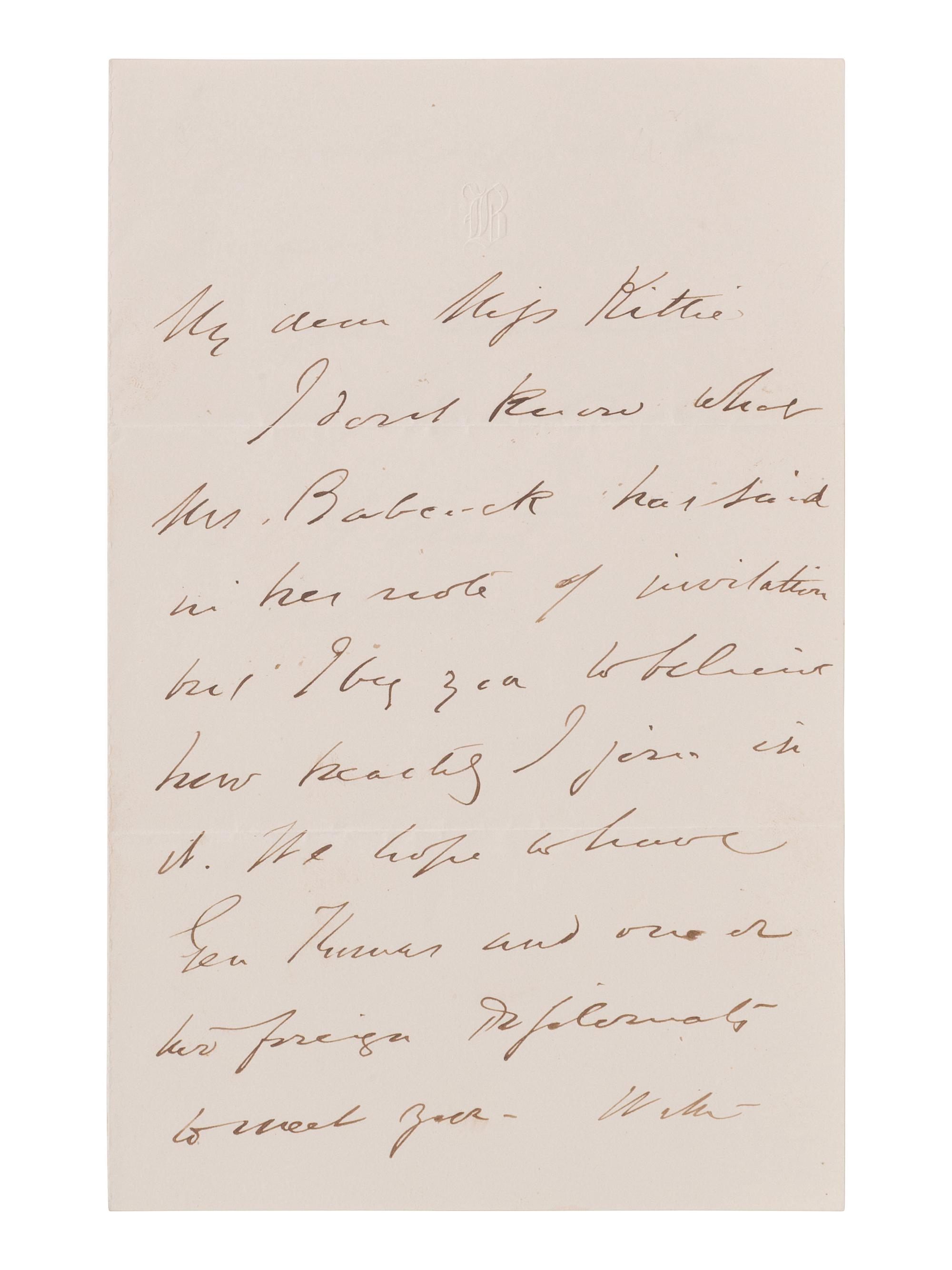 [CIVIL WAR]. BADEAU, Adam (1831-1895). ALS to Miss Kittie Hilt. [Washington, DC], n.d.