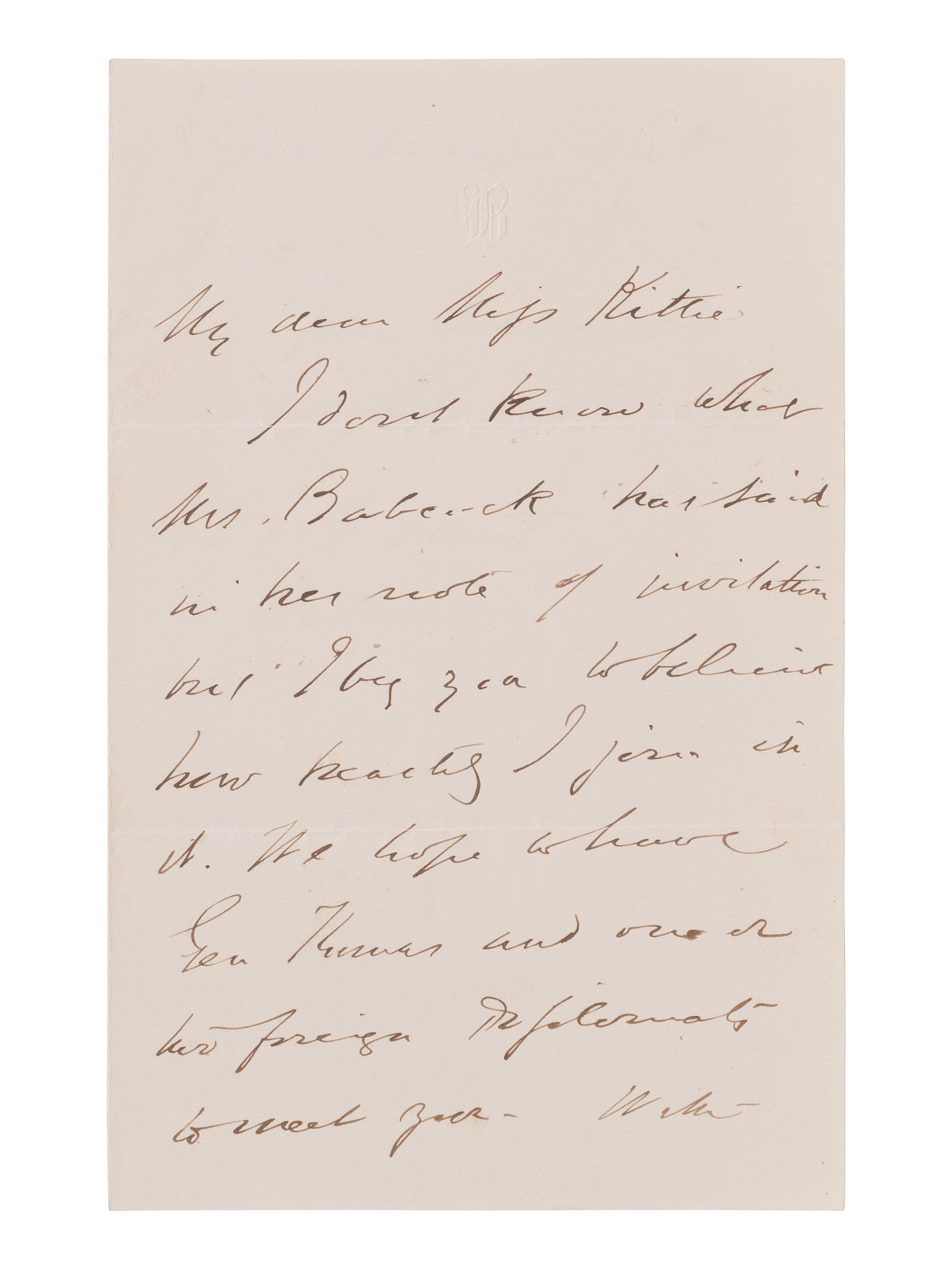 [CIVIL WAR]. BADEAU, Adam (1831-1895). ALS to Miss Kittie Hilt. [Washington, DC], n.d.