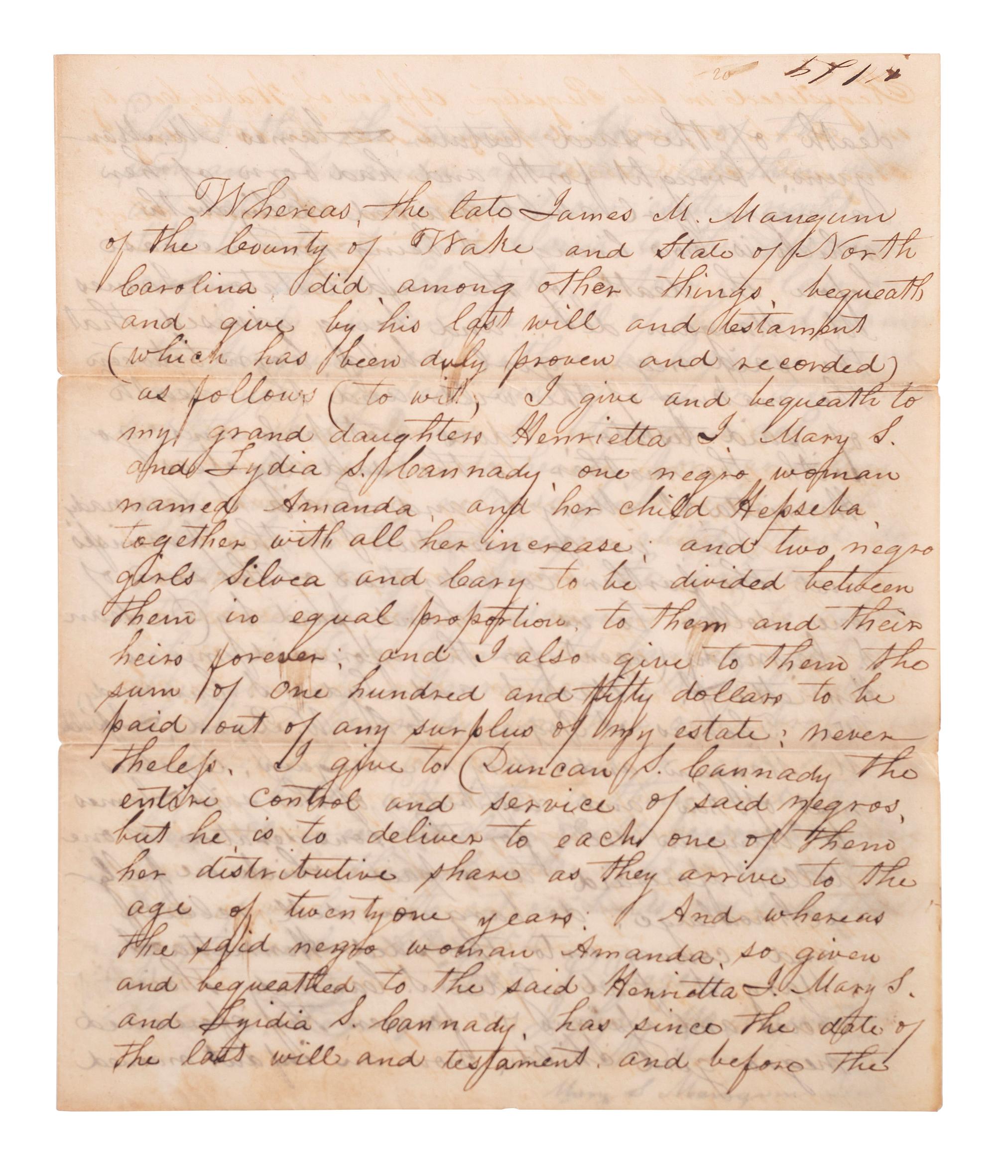 [SLAVERY & ABOLITION]. Manuscript legal document related to claims on the enslaved infant "Elizabeth," child of the enslaved woman "Amanda." Wake County, NC, 1854.