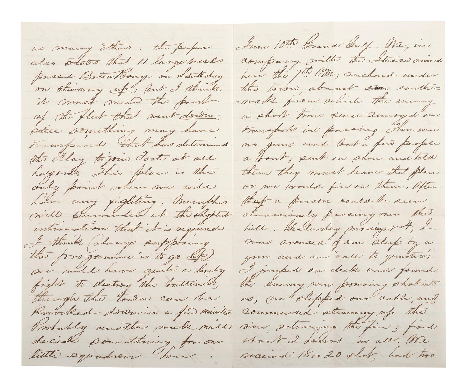 [CIVIL WAR - NAVY]. A group of 2 documents written by Officer Edward Potter with Vicksburg and Forts Philip & Jackson content, comprising: