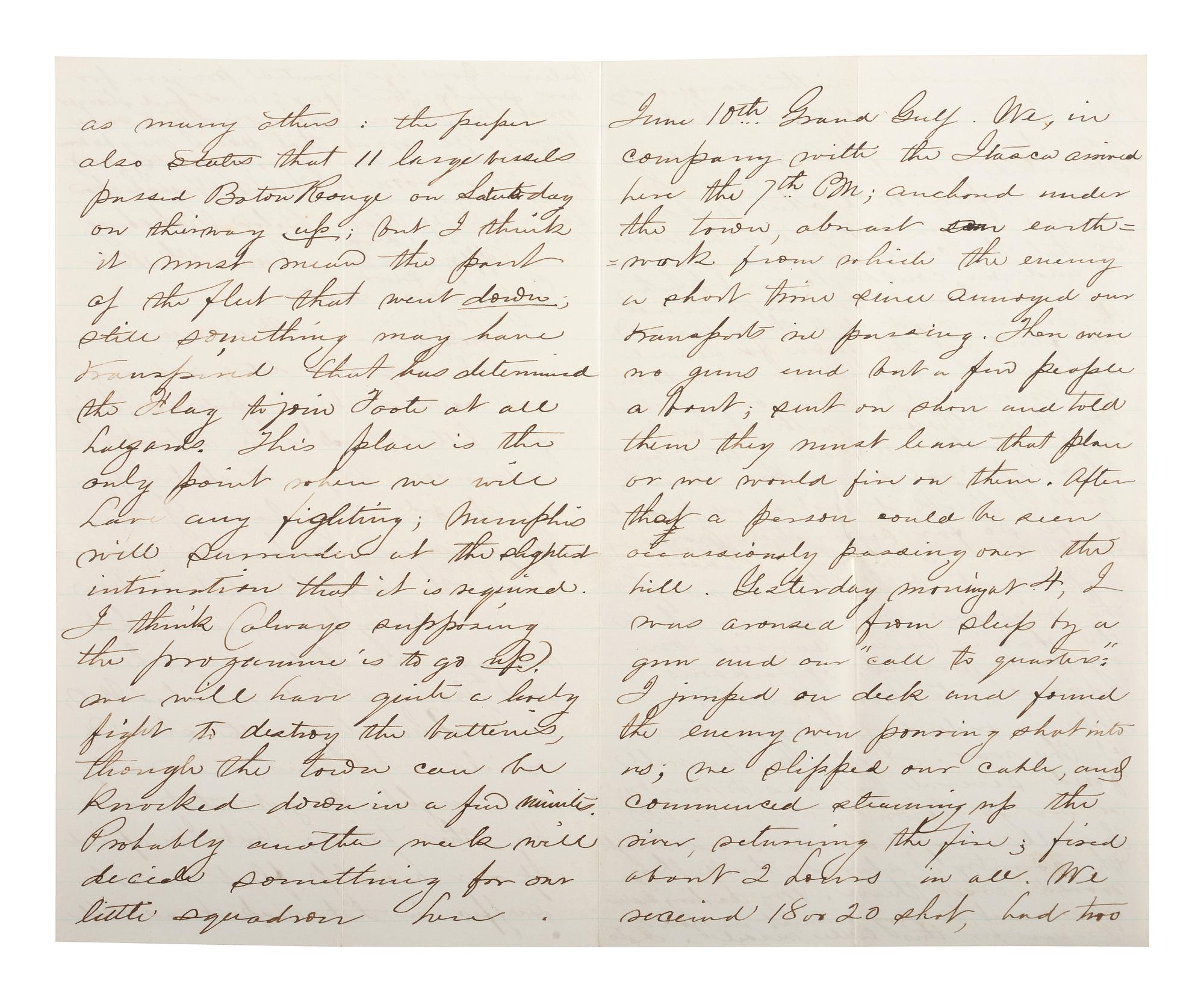 [CIVIL WAR - NAVY]. A group of 2 documents written by Officer Edward Potter with Vicksburg and Forts Philip & Jackson content, comprising:
