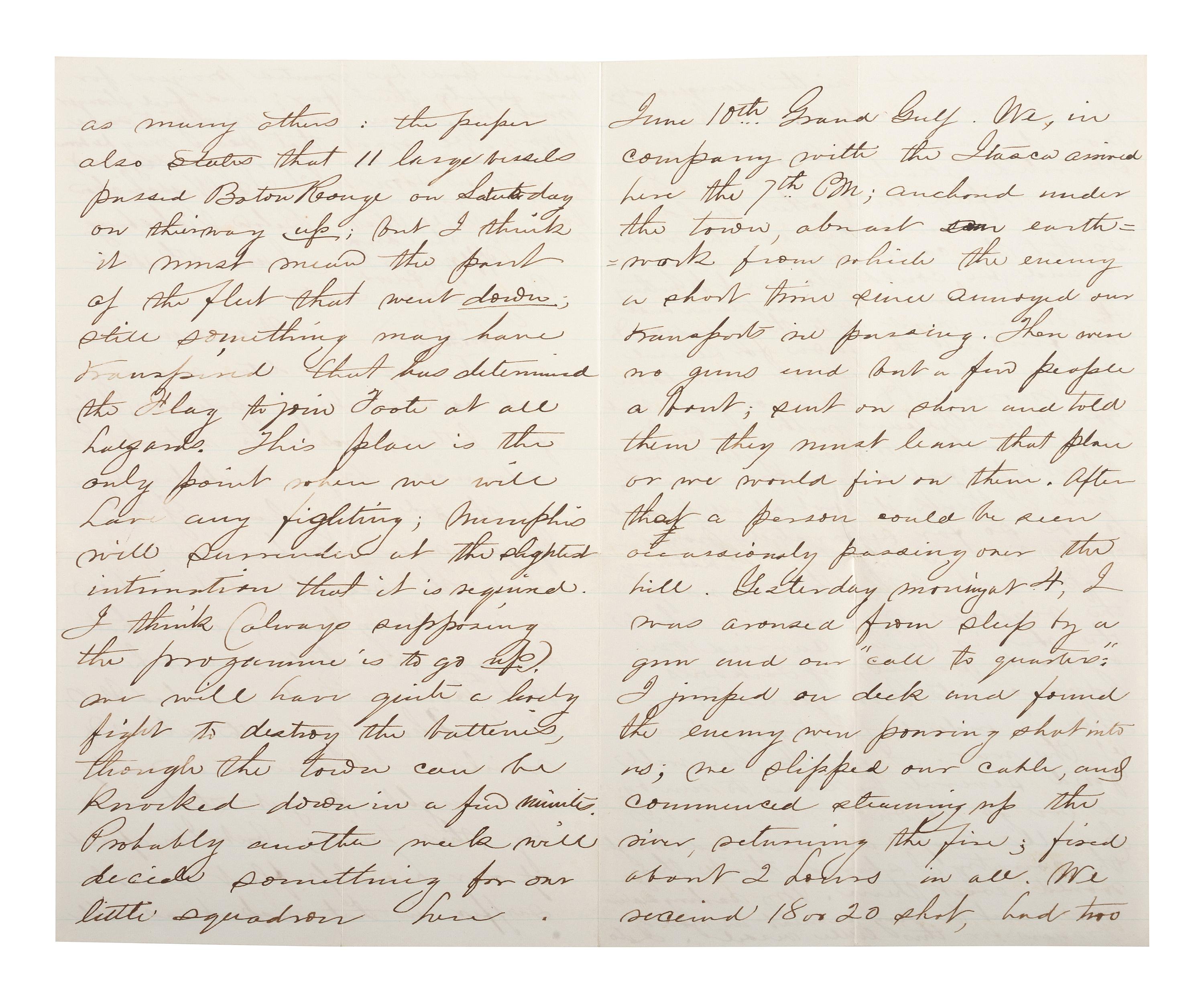 [CIVIL WAR - NAVY]. A group of 2 documents written by Officer Edward Potter with Vicksburg and Forts Philip & Jackson content, comprising: