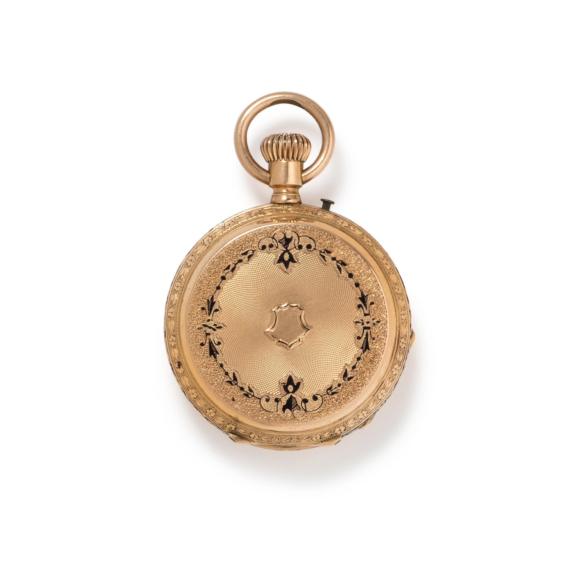 18K YELLOW GOLD AND ENAMEL HUNTER CASE POCKET WATCH