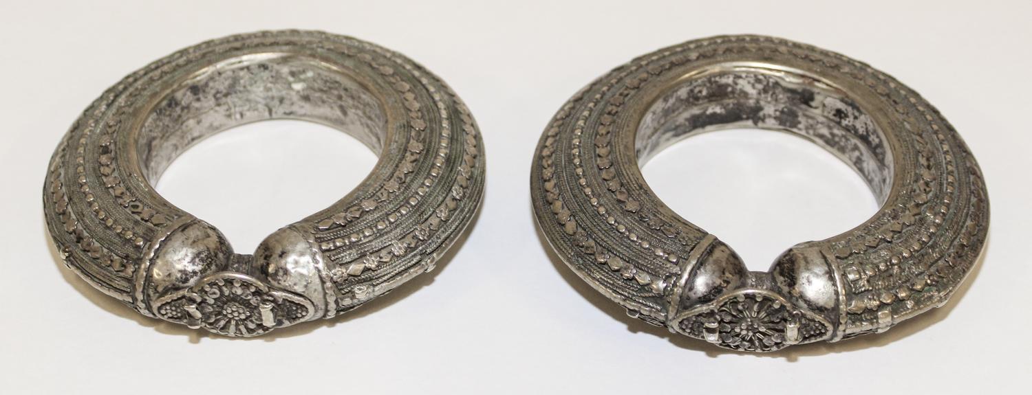 A Pair of Yemeni Silver Bangles Diameter of exterior 5 inches.
