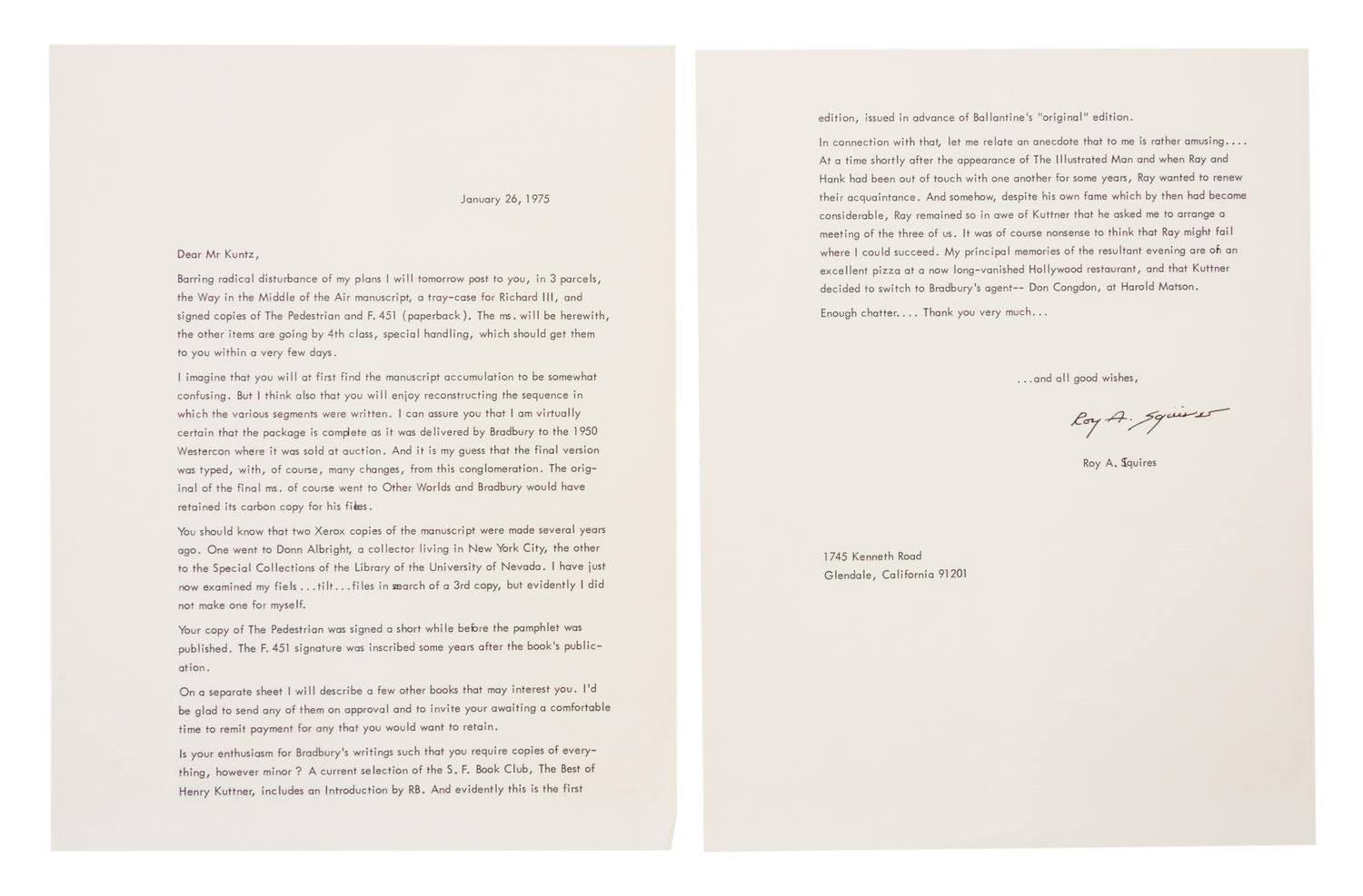 BRADBURY, RAY. Way Up in the Air. Typescript draft with ALS from Roy Squires.