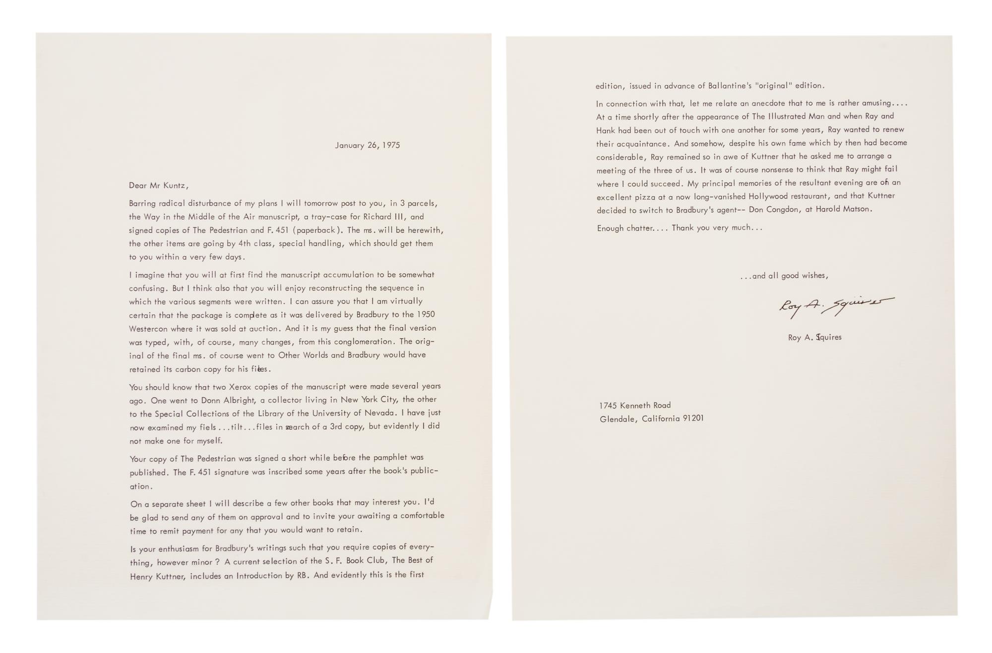 BRADBURY, RAY. Way Up in the Air. Typescript draft with ALS from Roy Squires.