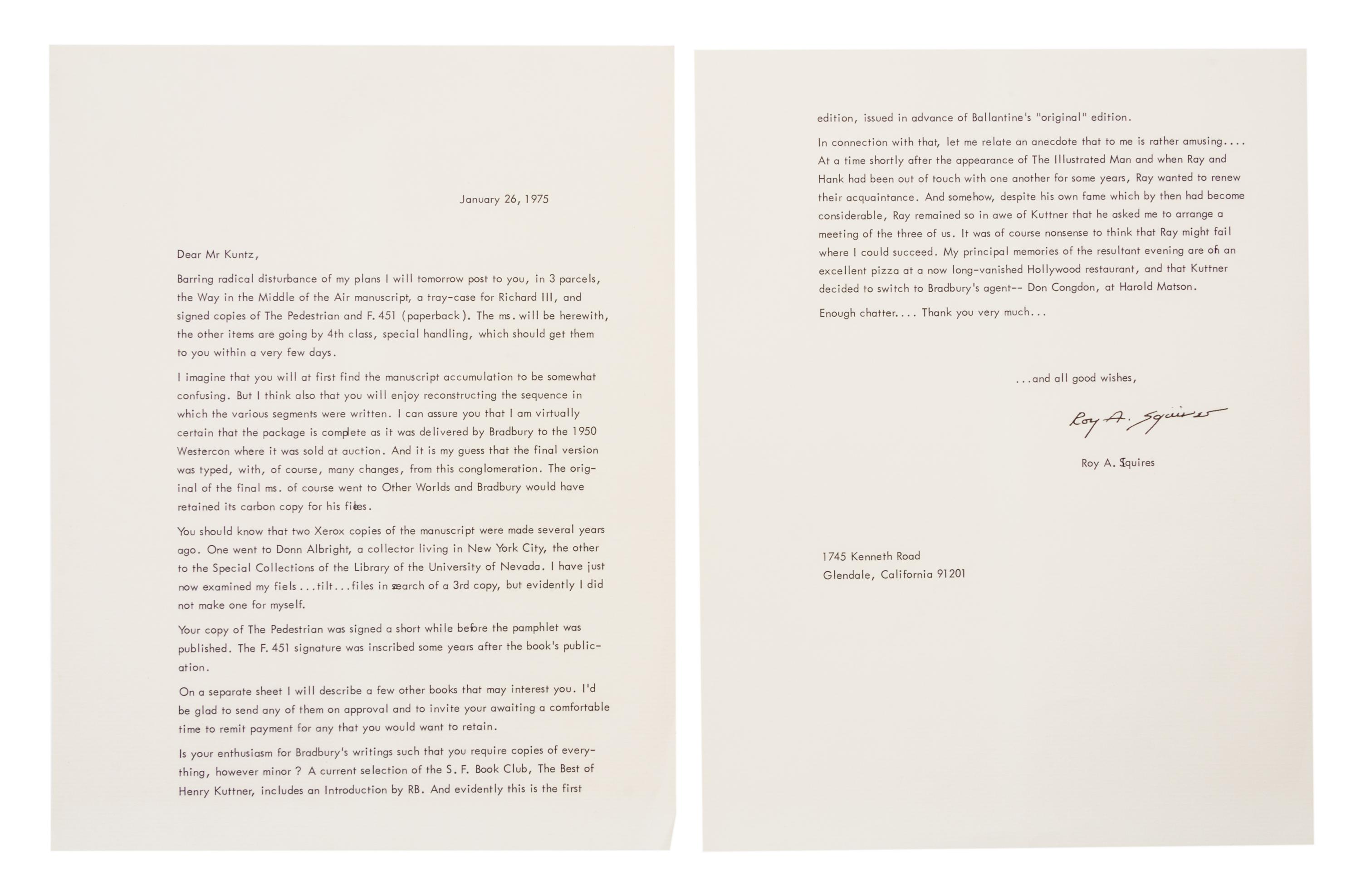 BRADBURY, RAY. Way Up in the Air. Typescript draft with ALS from Roy Squires.