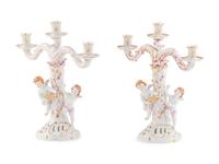 A Pair of Herend Porcelain Three-Light Candelabra