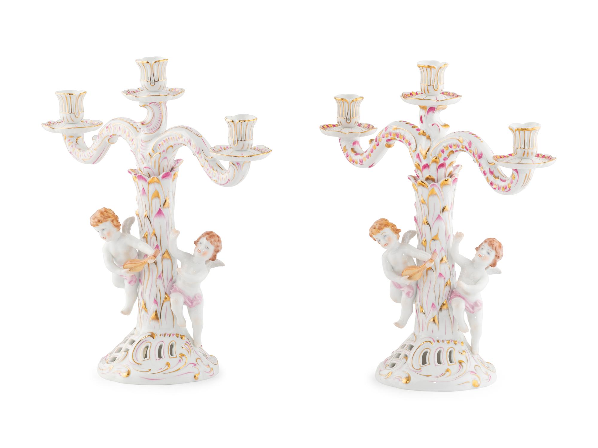 A Pair of Herend Porcelain Three-Light Candelabra
